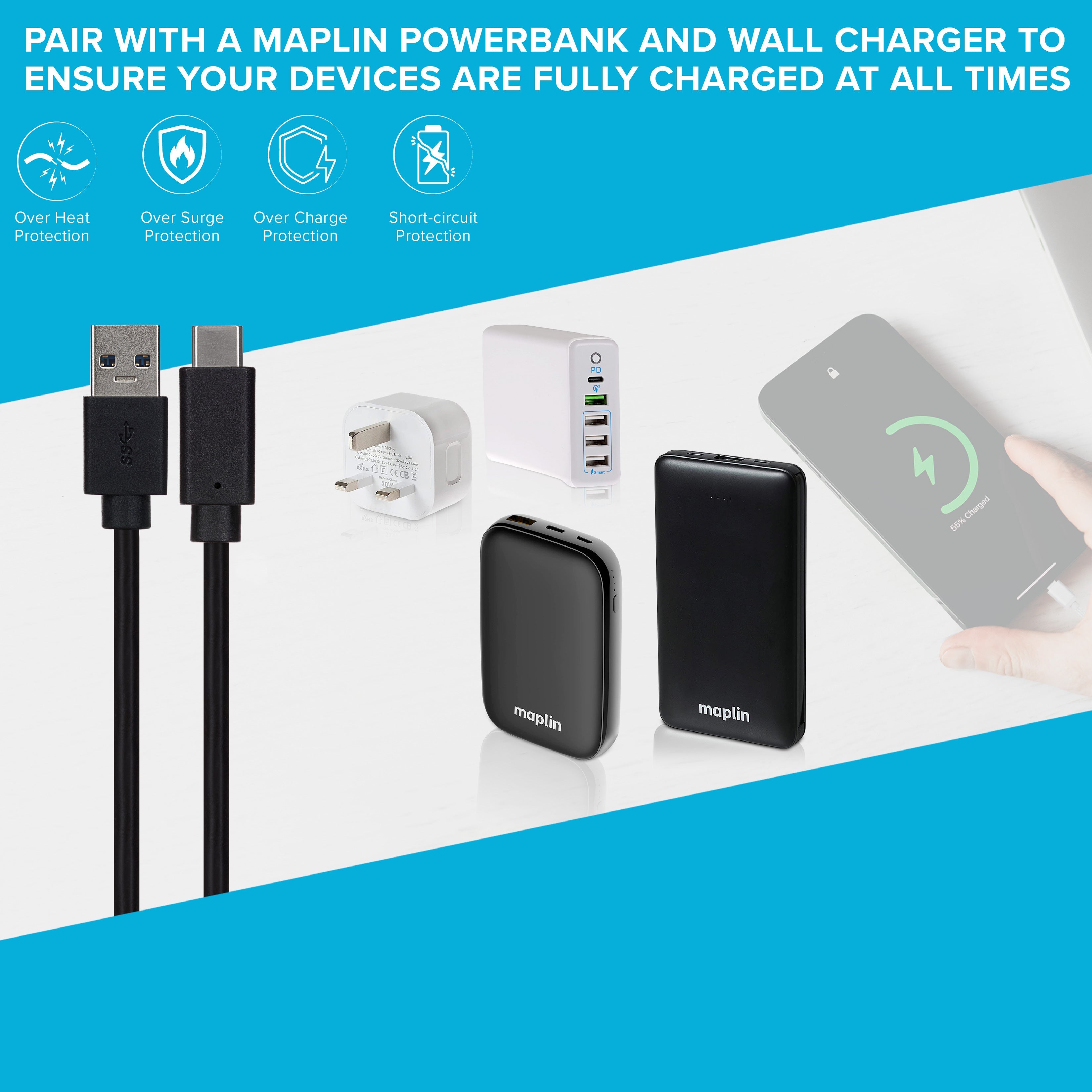 Maplin PRO USB-C to USB-A 3.1 5Gbps Super Speed Data Transfer & Charging Cable - Black, 1m - maplin.co.uk