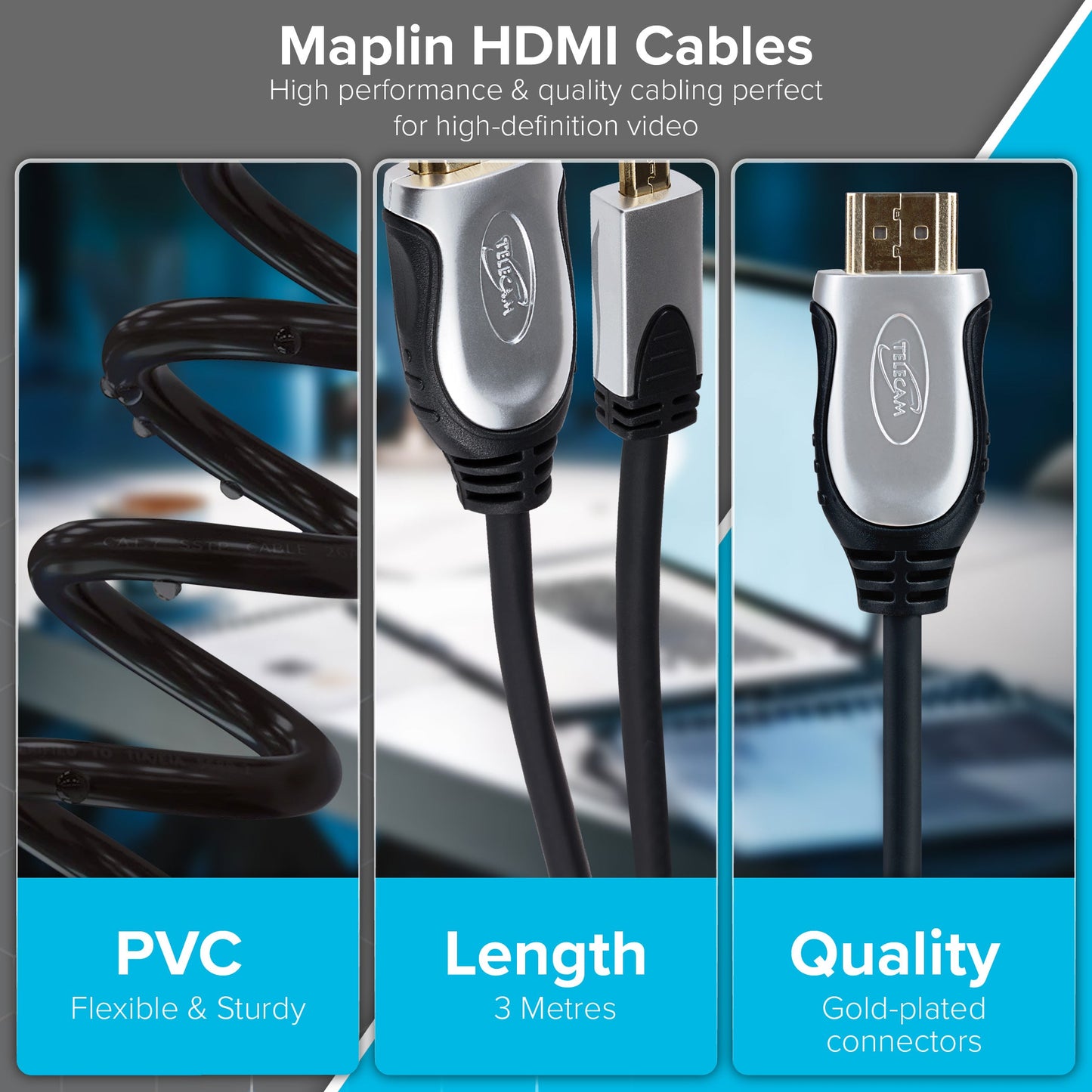 Maplin HDMI-A to Micro HDMI-D 4K 30Hz Cable with Ethernet & Gold Connectors - Black, 3m - maplin.co.uk