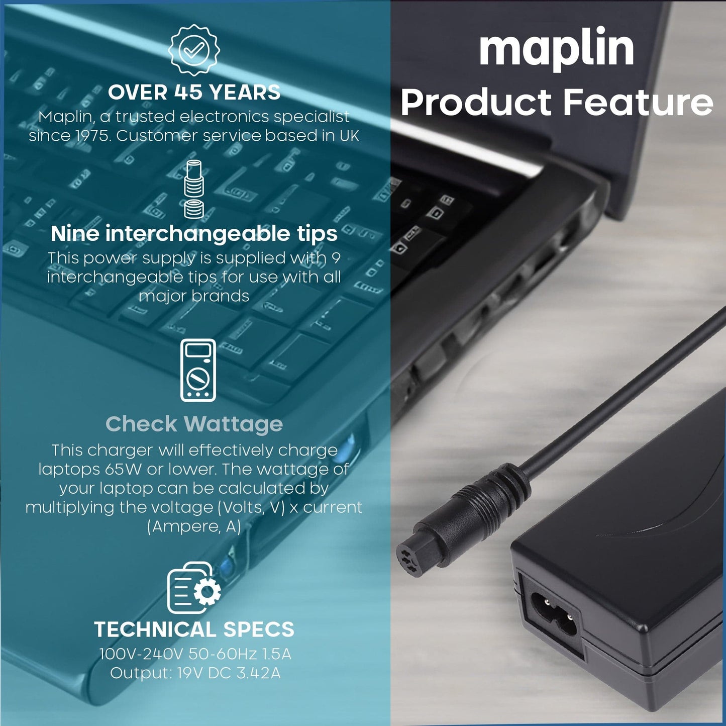 Maplin 65W Universal Laptop Charger Power Supply with 9 Interchange Tips - maplin.co.uk