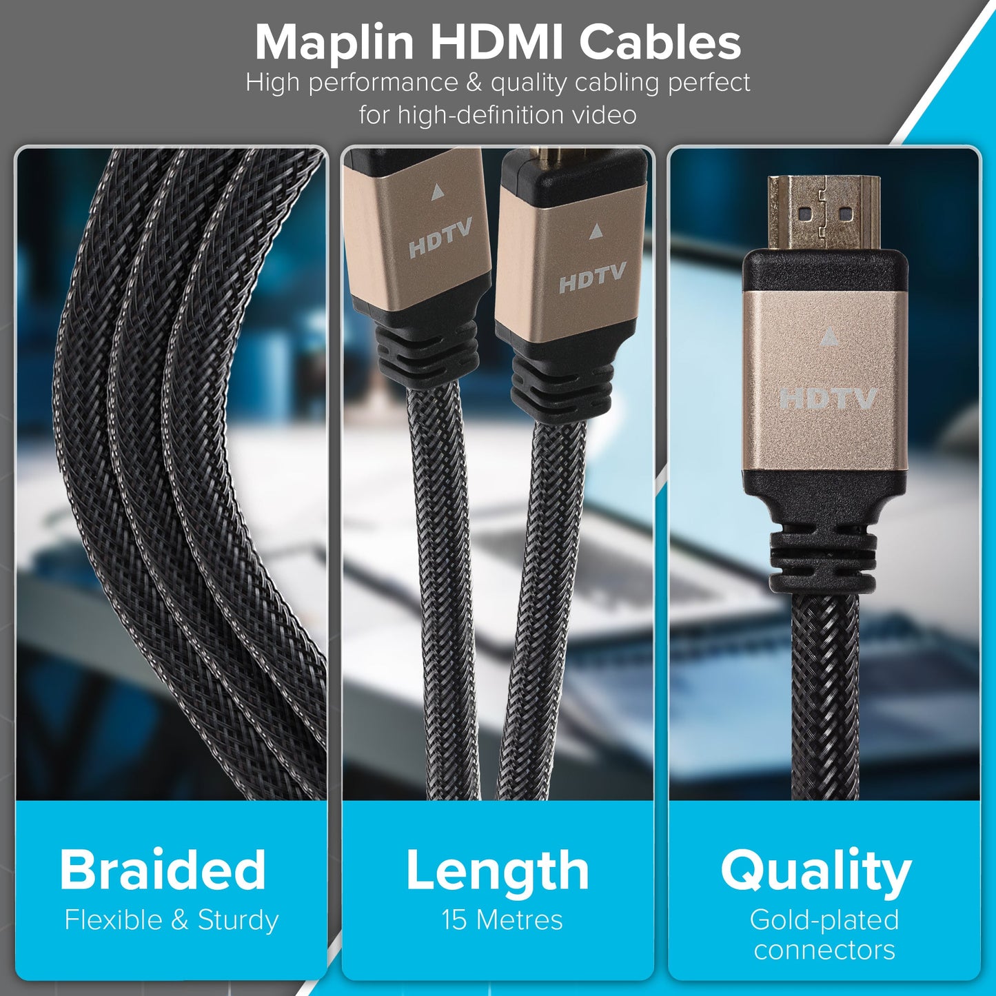 Maplin HDMI to HDMI 4K Ultra HD Cable with Gold Connectors - Black, 15m - maplin.co.uk