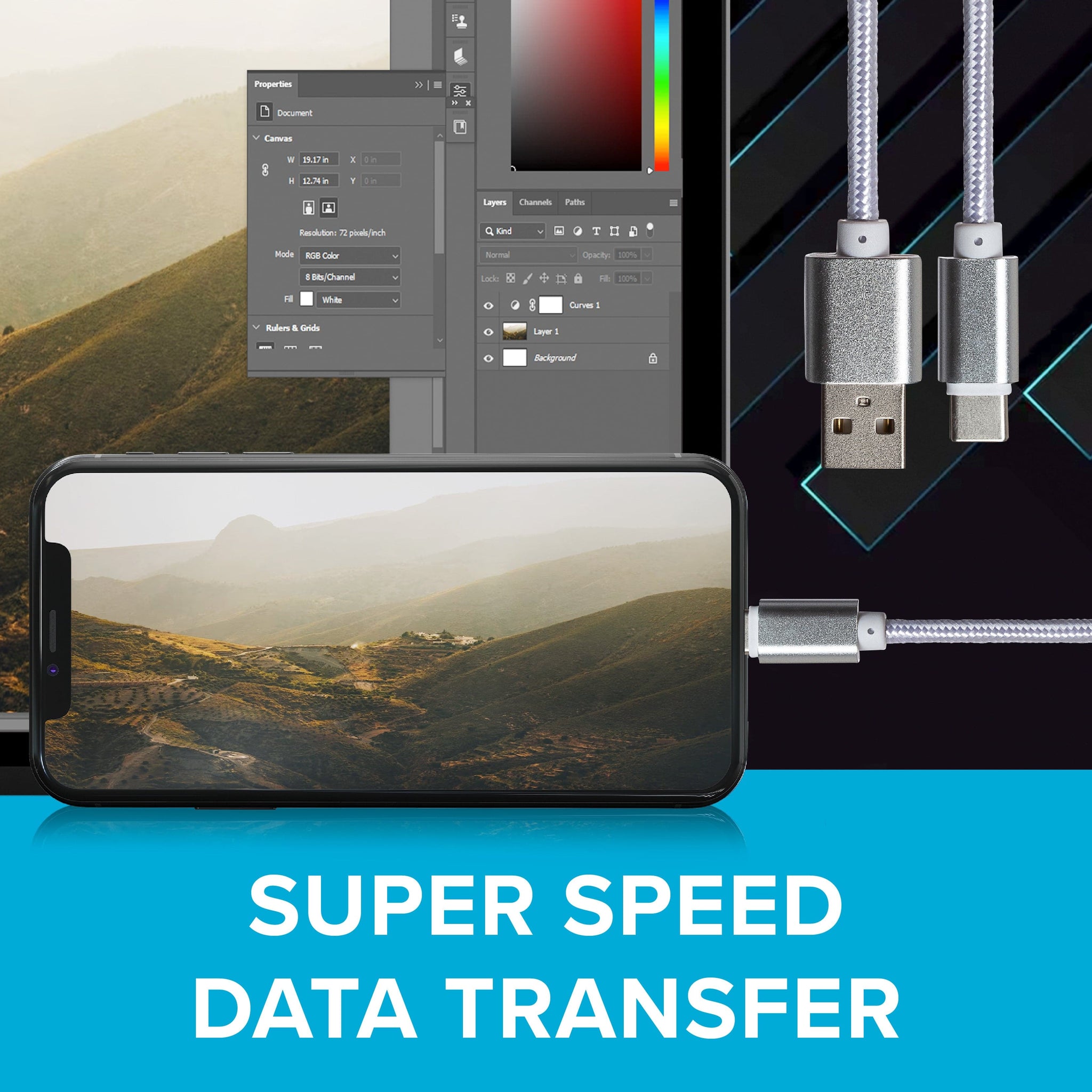 Maplin USB-C to USB-A Braided Cable - Silver, 3m (Pack of 3)