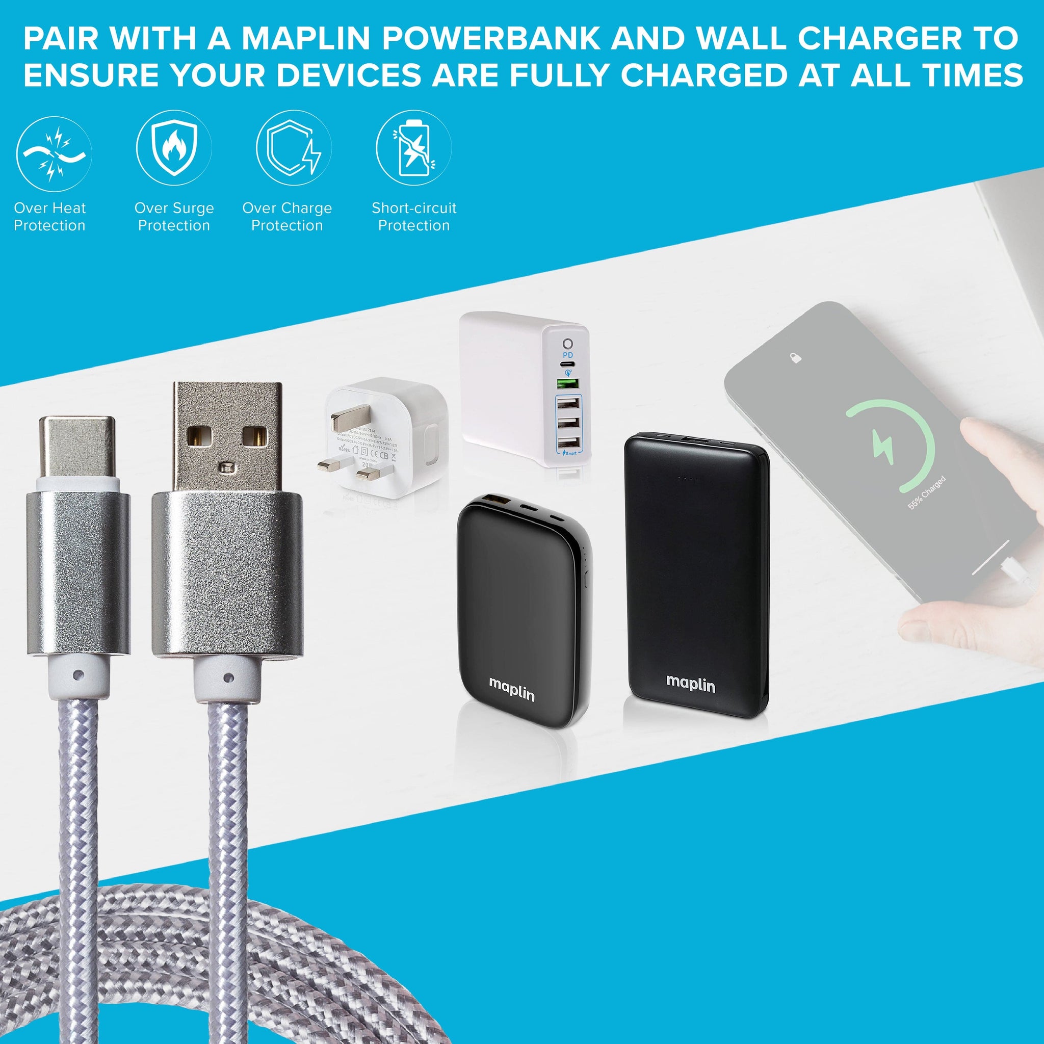 Maplin USB-C to USB-A Braided Cable - Silver, 3m (Pack of 3)