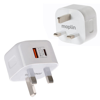 Maplin 2 Port (1x USB-A 3.0 QC / 1x USB-C PD) 20W High Speed Wall Charger - maplin.co.uk