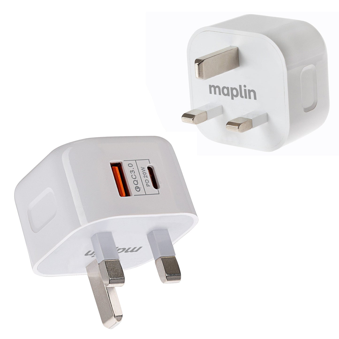 Maplin 2 Port (1x USB-A 3.0 QC / 1x USB-C PD) 20W High Speed Wall Charger - maplin.co.uk