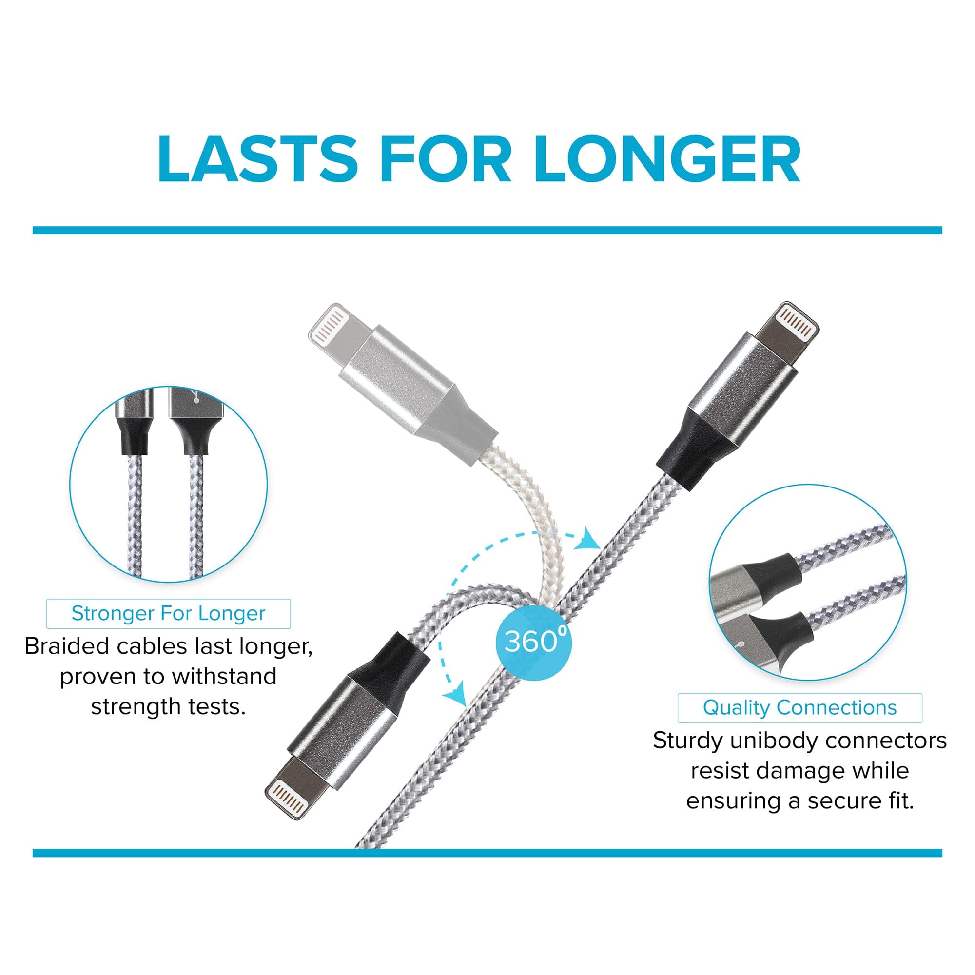 Maplin Lightning Connector to USB-A Braided Cable - Silver, 1m (Pack of 3)