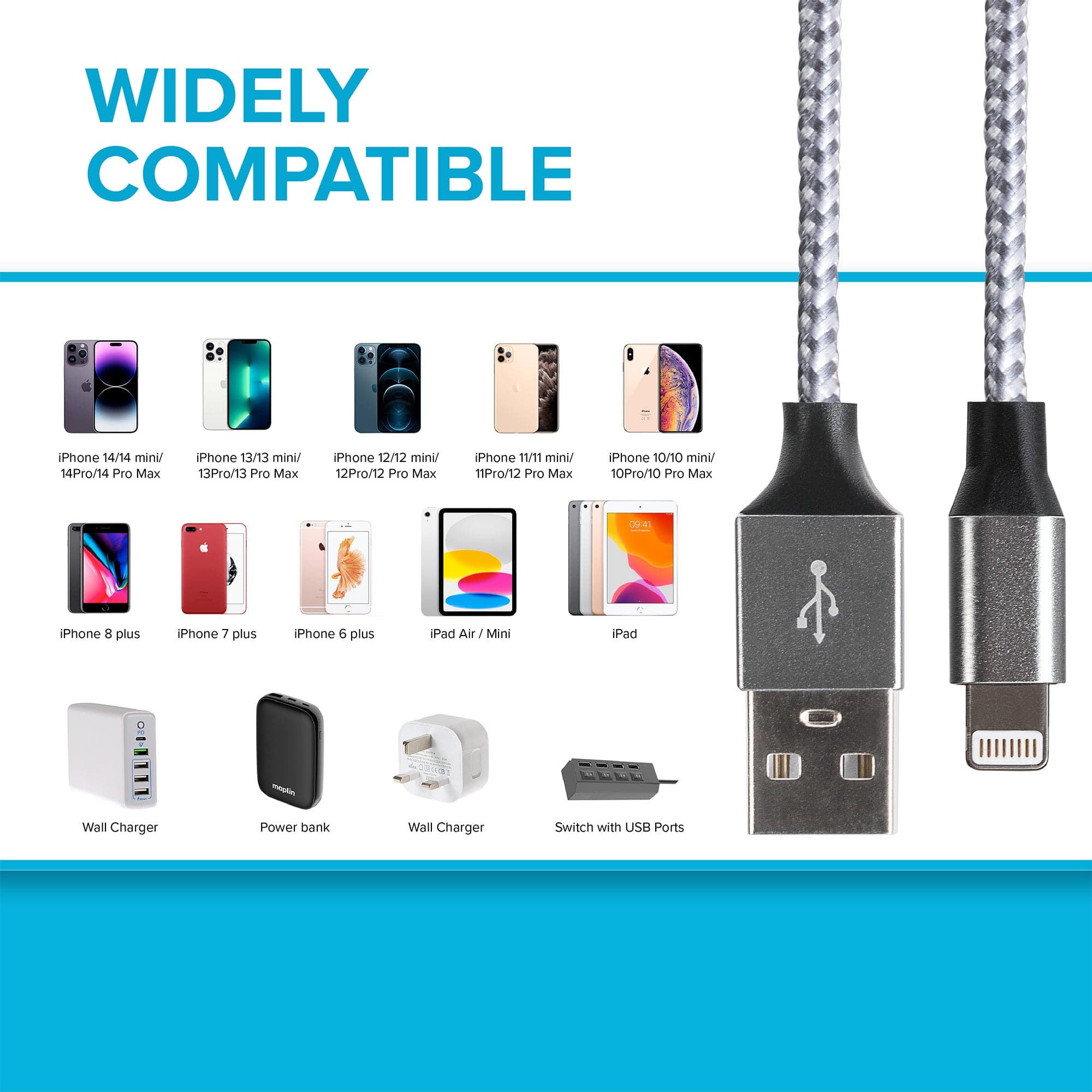 Maplin Lightning Connector to USB-A Braided Cable - Silver, 1m (Pack of 3)