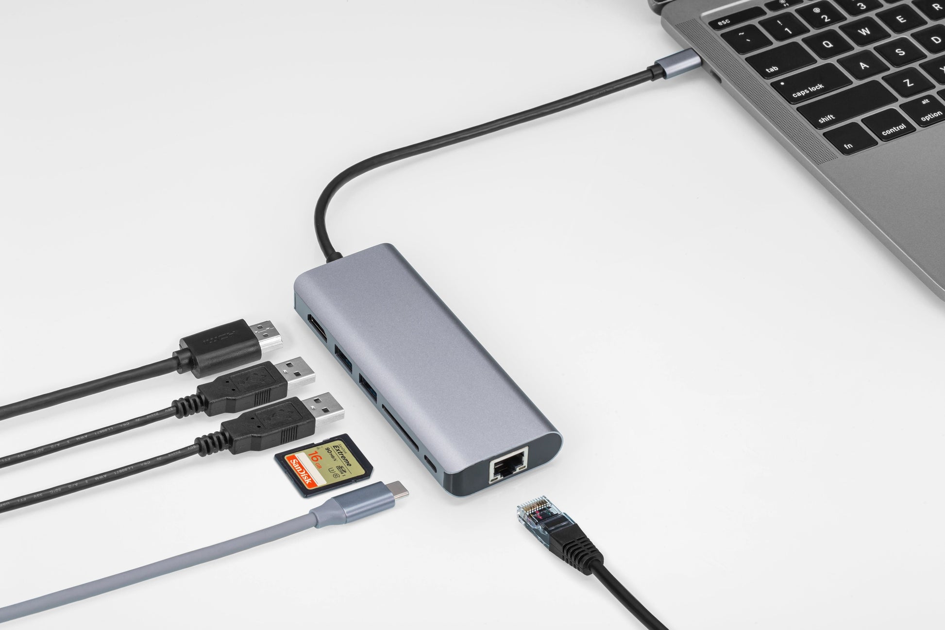 Nikkai USB-C Multiport Hub to 2x USB-A 3.0 / HDMI 4K / Gigabit RJ45 / USB-C PD / SD Card Reader - Silver - maplin.co.uk