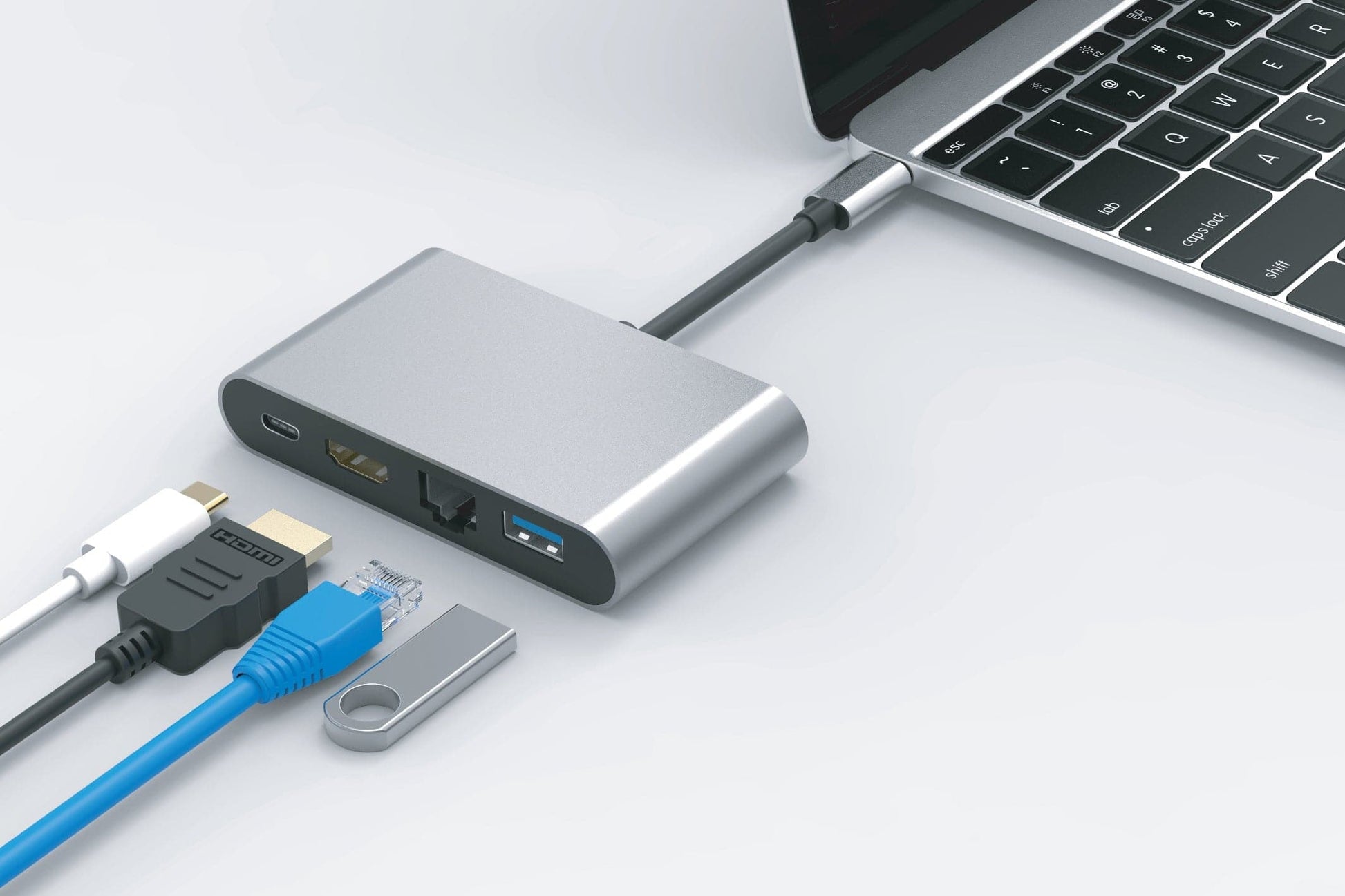 Nikkai USB-C Multiport Hub to USB-A 3.0 / HDMI 4K / Gigabit RJ45 / USB-C PD - Silver - maplin.co.uk