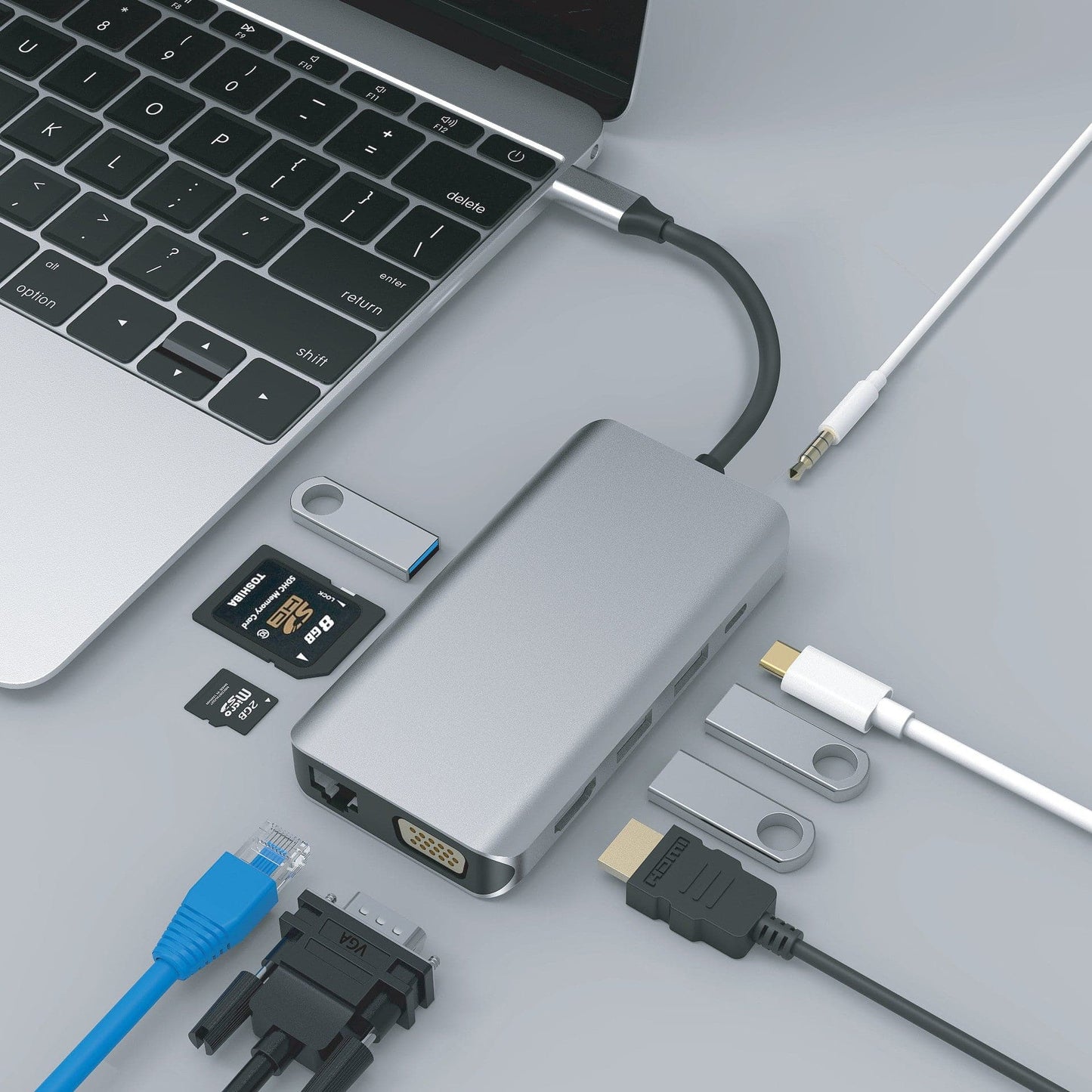 Nikkai USB-C Multiport Hub to 3x USB-A 3.0 / HDMI 4K / Gigabit RJ45 / VGA / USB-C PD / 3.5mm Audio / SD Card Reader - Silver - maplin.co.uk