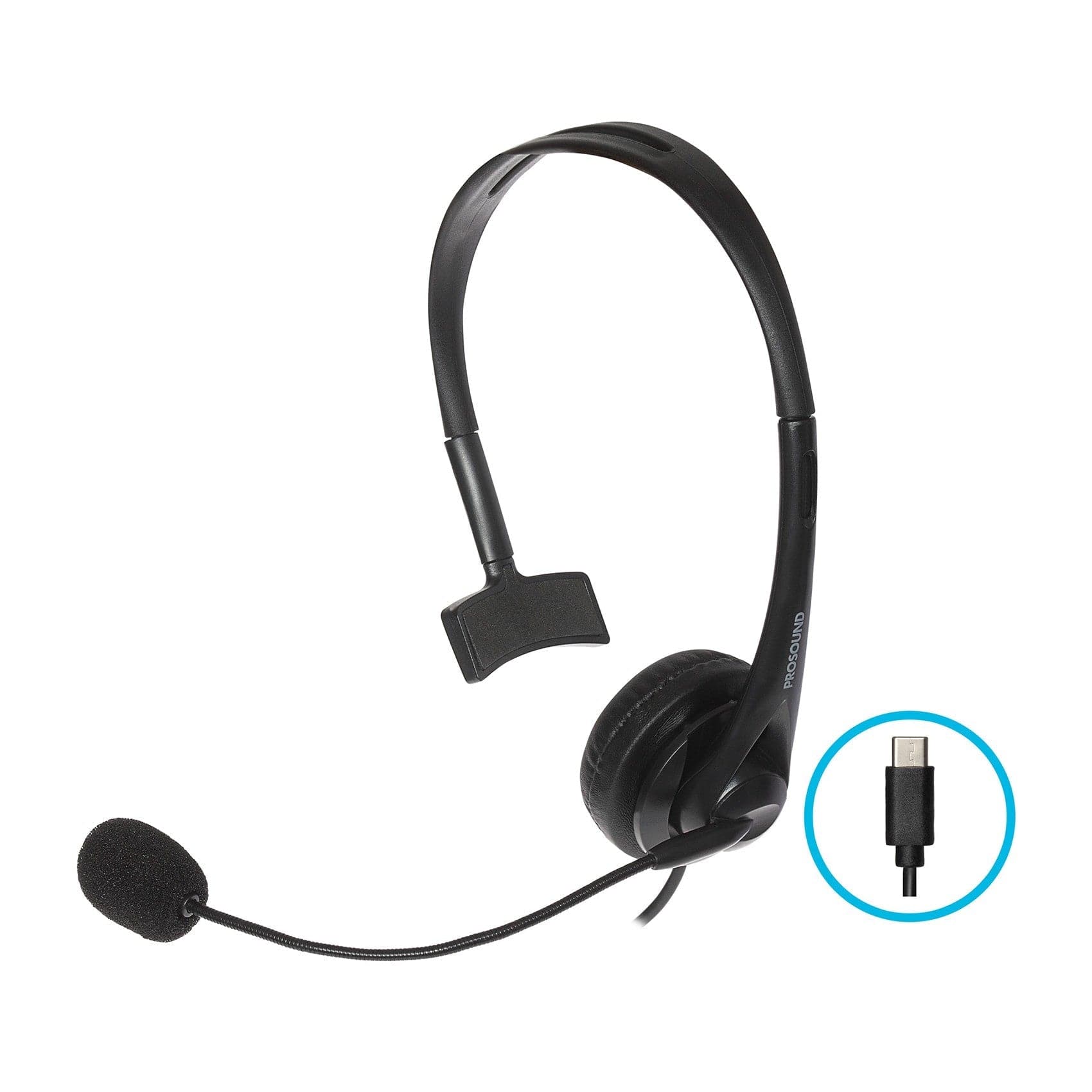 Single Ear Mono USB C Headset Boom Microphone Noise Cancellation