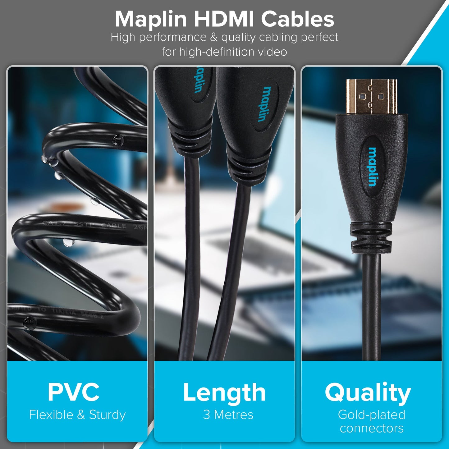 Maplin Thin HDMI to HDMI 4K Ultra HD Cable with Ethernet & Gold Connectors - Black, 3m - maplin.co.uk