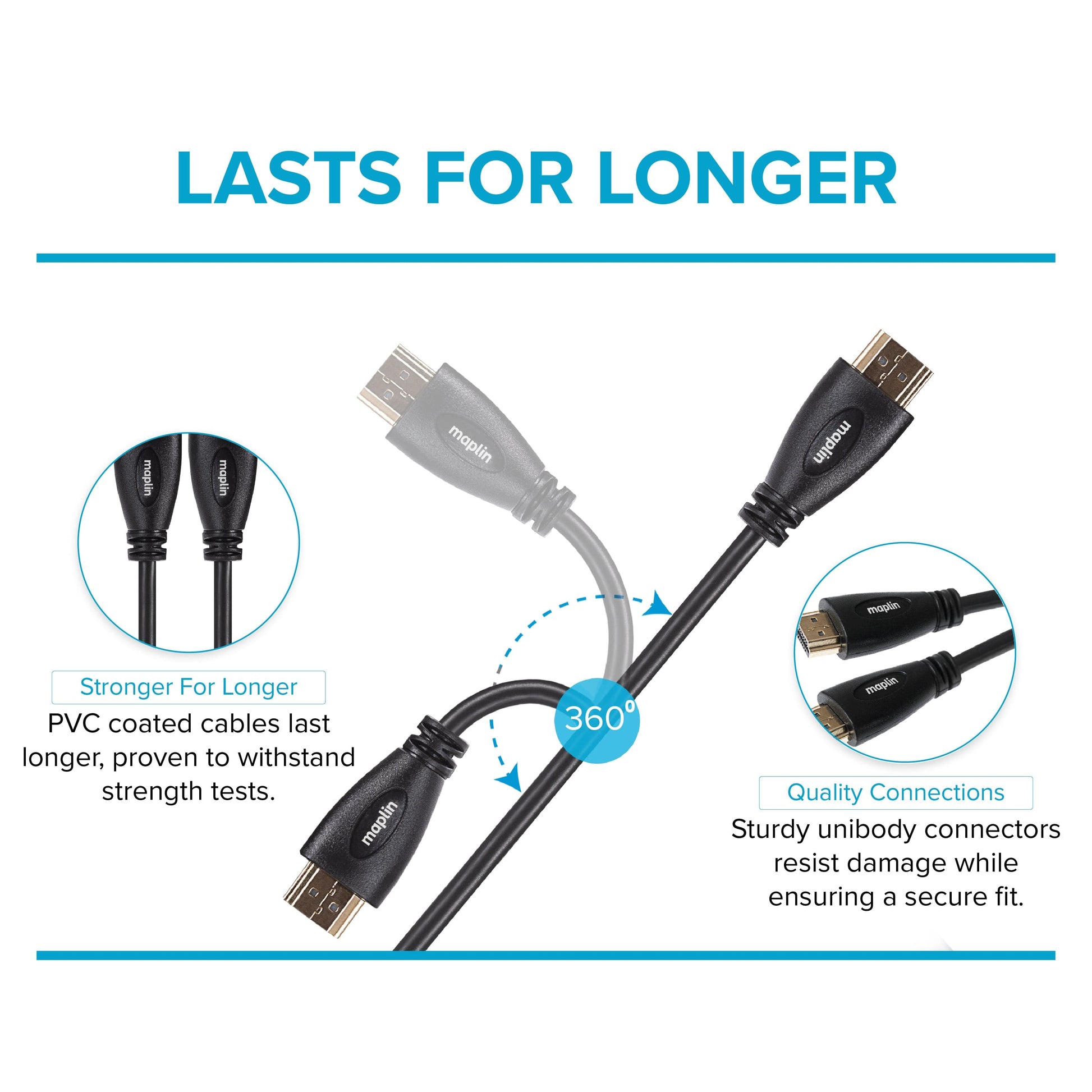Maplin Thin HDMI to HDMI 4K Ultra HD Cable with Ethernet & Gold Connectors - Black, 3m