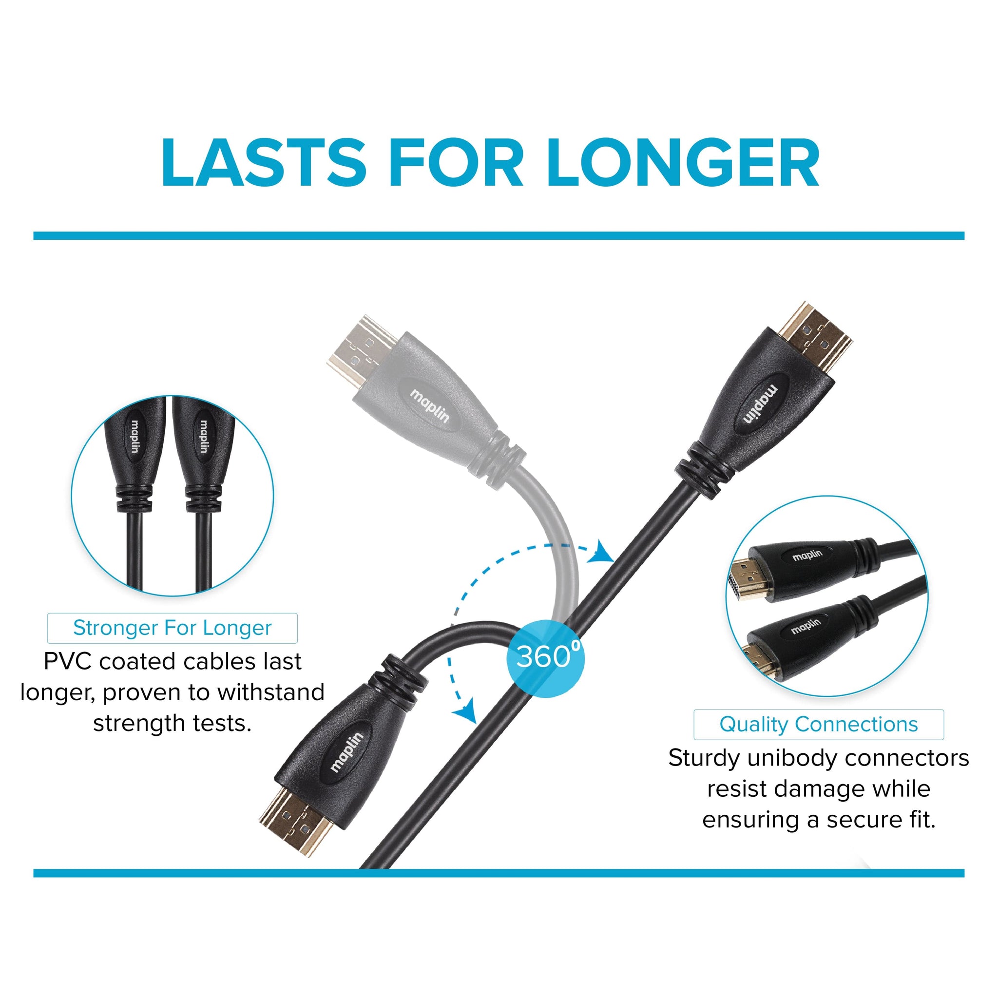 Maplin Thin HDMI to HDMI 4K Ultra HD Cable with Ethernet & Gold Connectors - Black, 3m (Pack of 2)