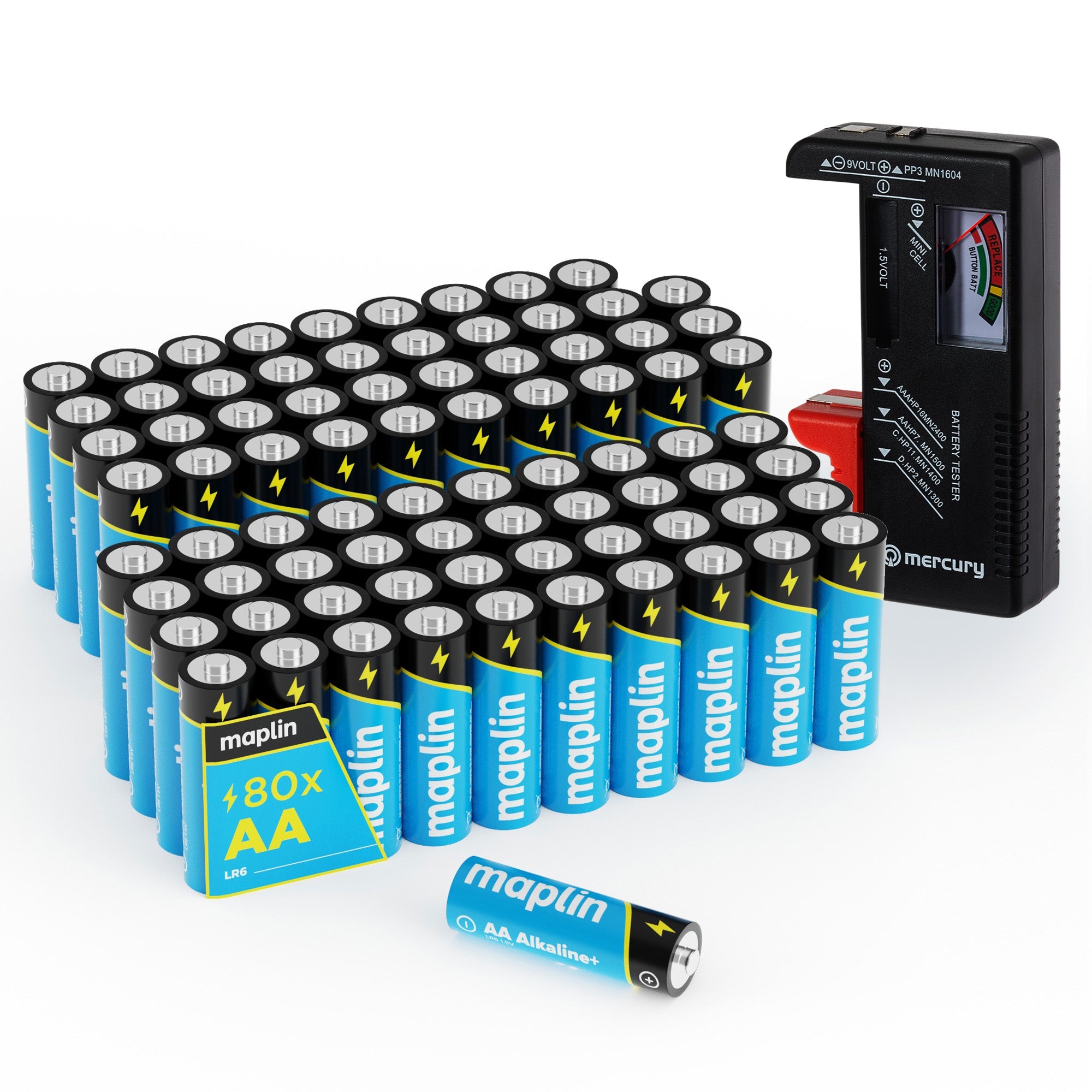 Maplin 80x AA LR6 7 Years Shelf Life 1.5V High Performance Alkaline Batteries with Universal Battery Tester - maplin.co.uk