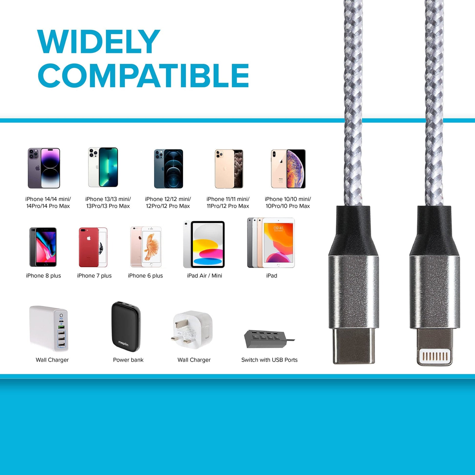 Maplin Lightning to USB-C Braided 20W High Speed Cable - Silver, 1m - maplin.co.uk