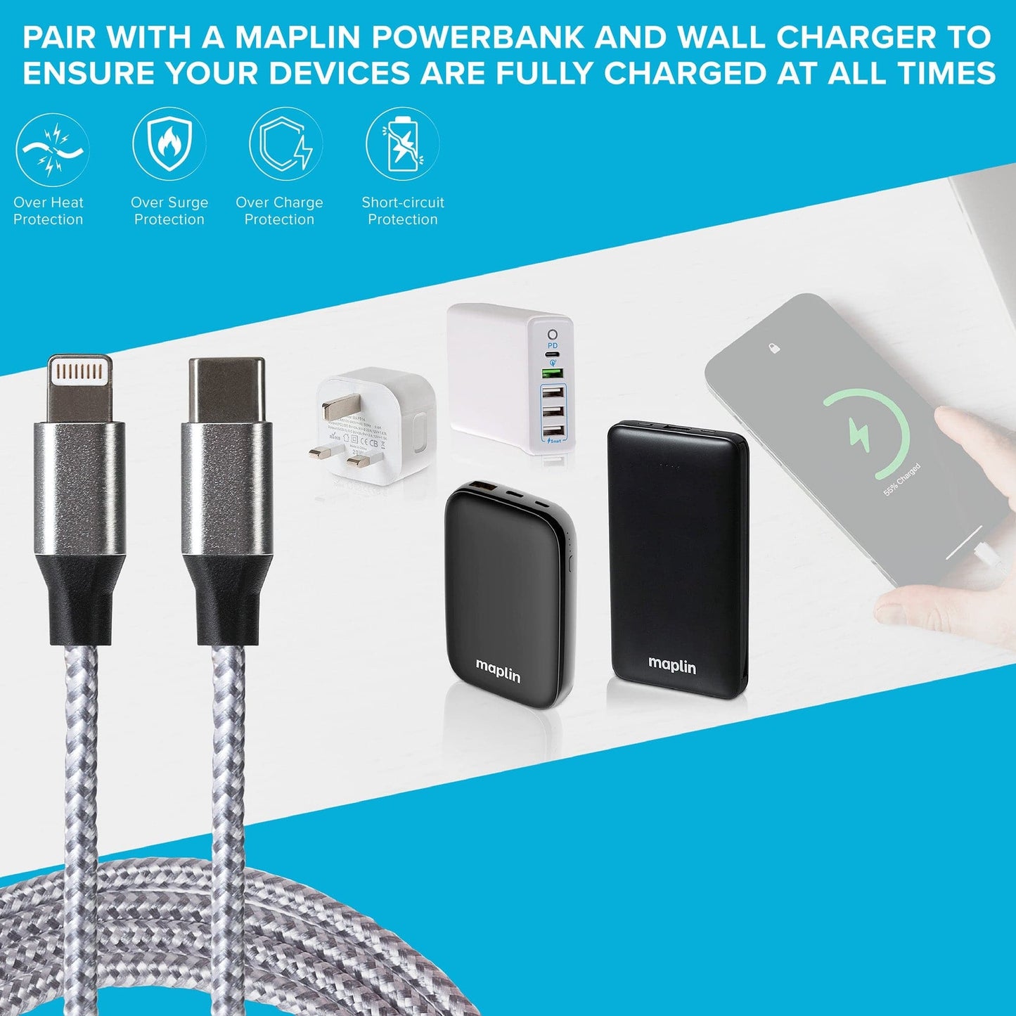 Maplin Lightning to USB-C Braided 20W High Speed Cable - Silver, 1m - maplin.co.uk