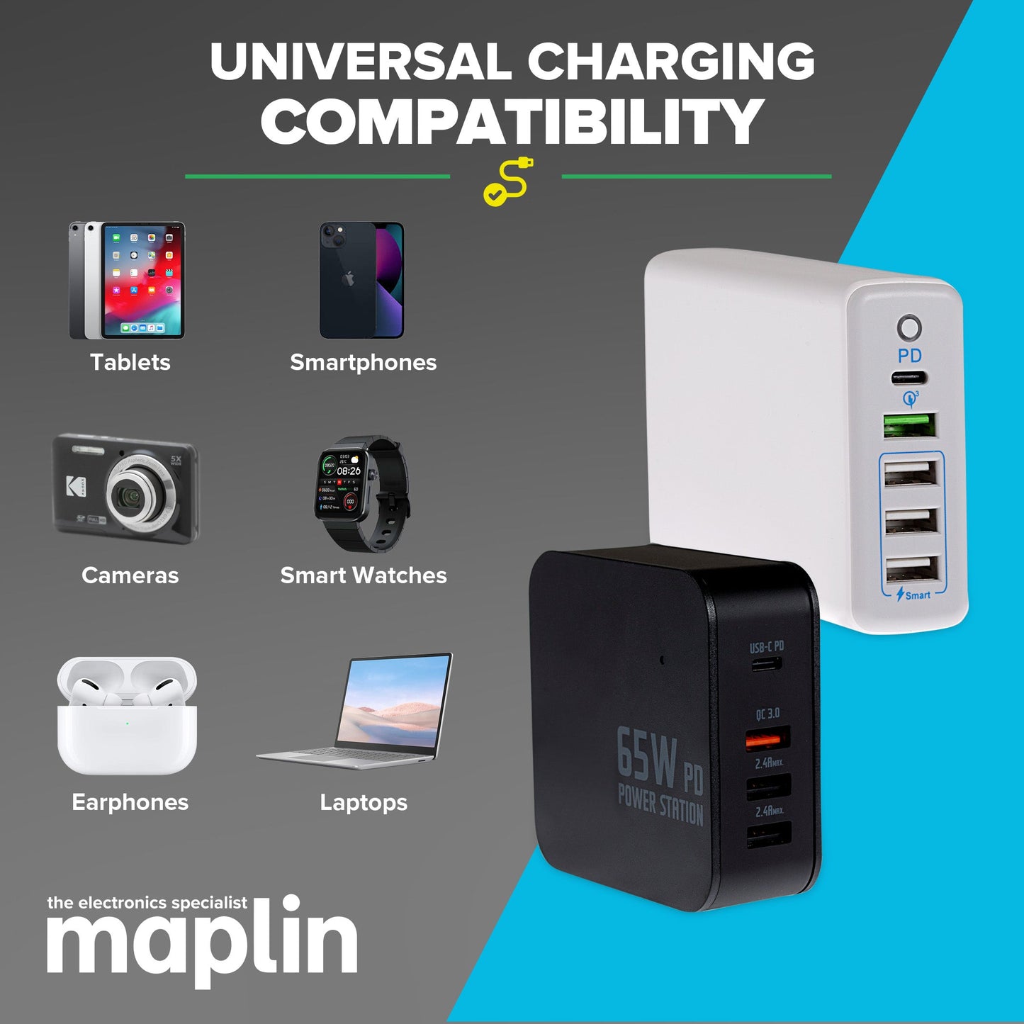 Maplin 4 Port (1 x USB-C PD / 3 x USB-A 3.0 QC) 65W GaN USB Charger with 1.2m Cable - maplin.co.uk