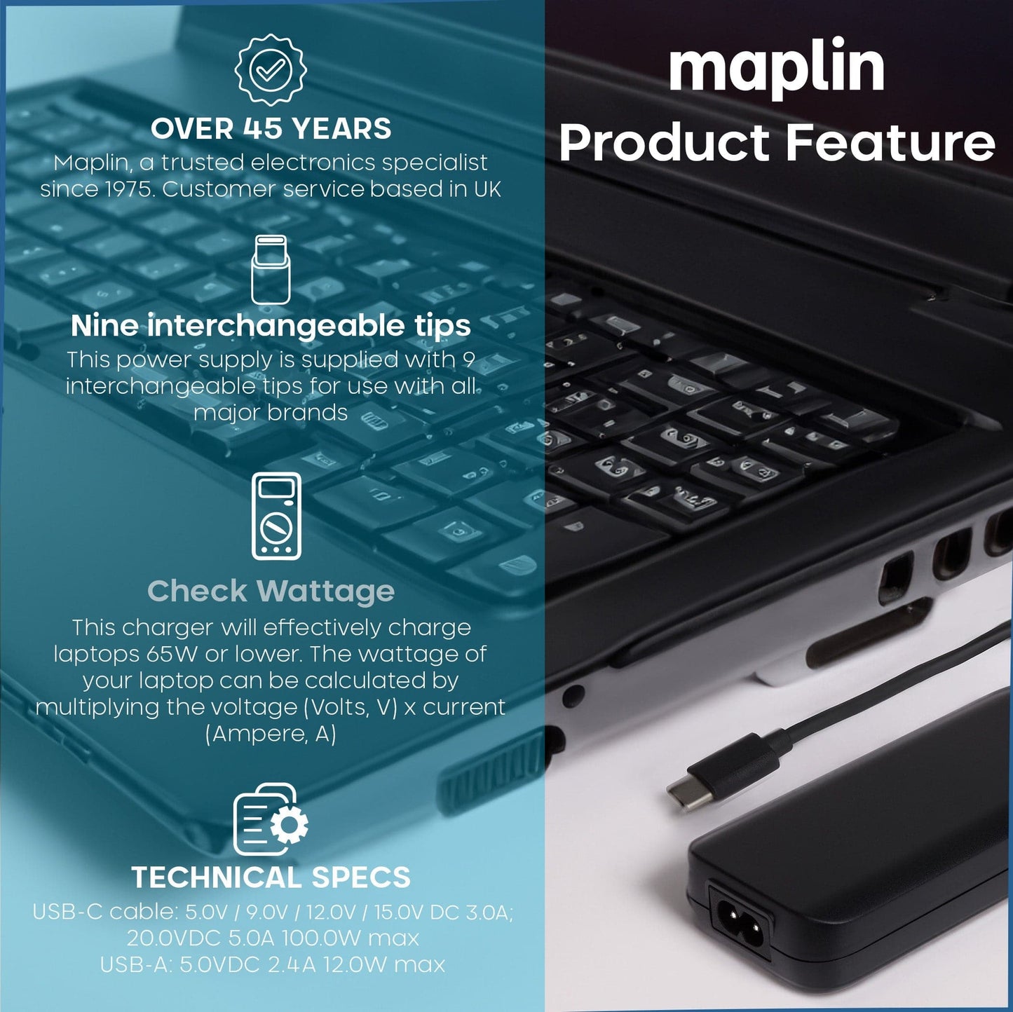 Maplin 112W USB-C Laptop Charger Power Supply with 1x USB-A 2.4A PD Port - maplin.co.uk