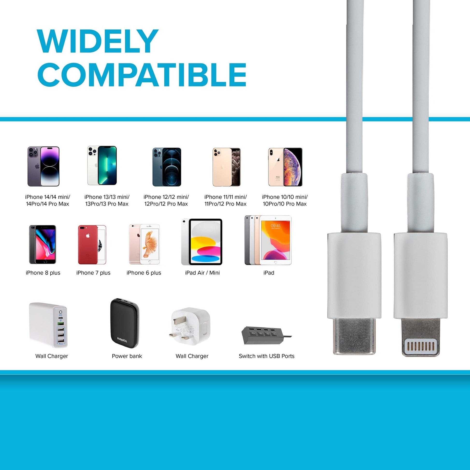 Maplin Lightning to USB-C 20W High Speed Cable - White, 3m