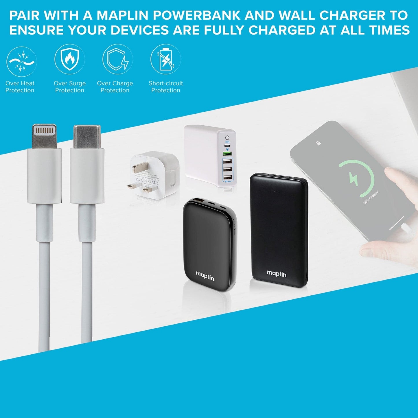 Maplin Lightning to USB-C 20W High Speed Cable - White, 3m