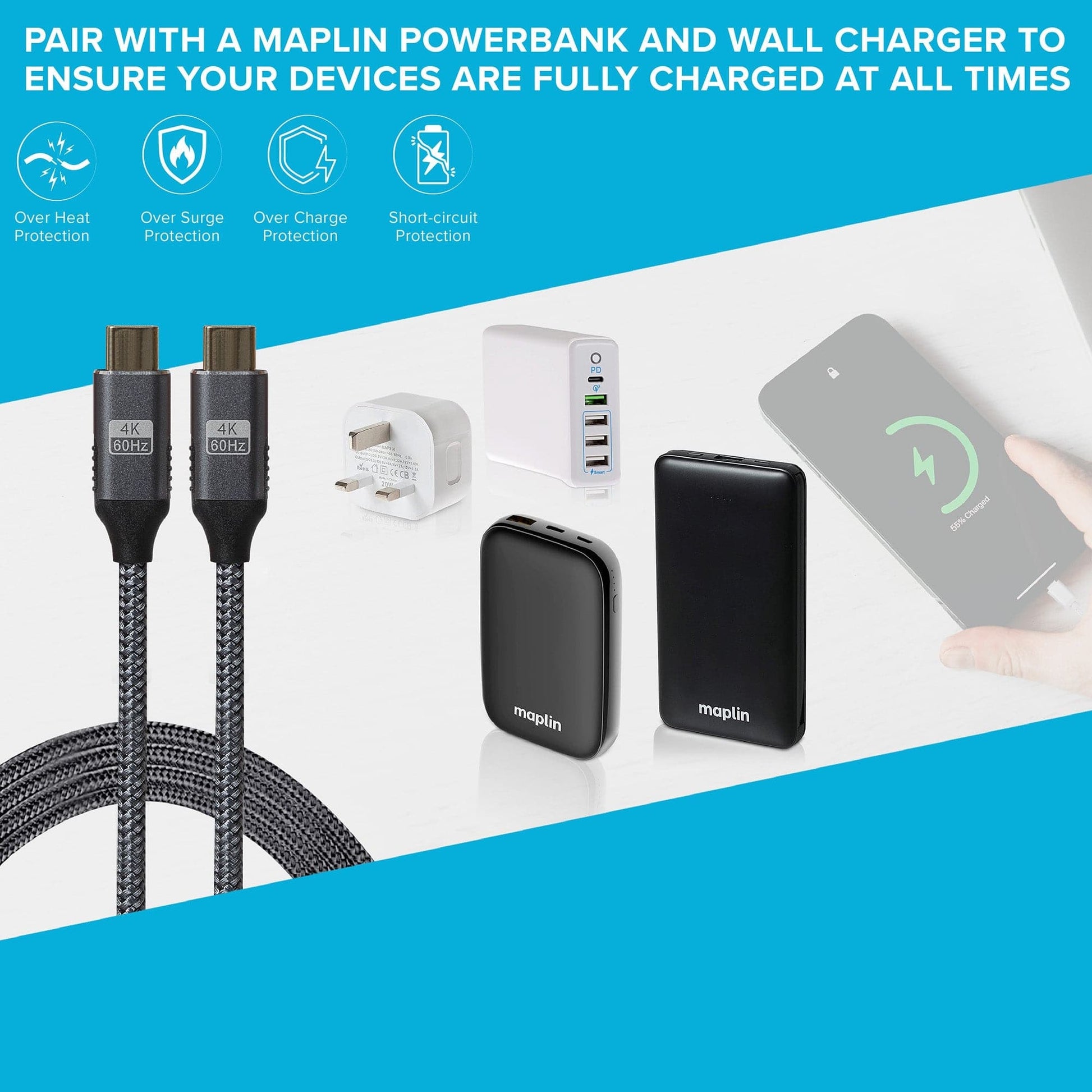 Maplin PRO USB-C to USB-C Gen2 100W 20Gbps Power Delivery Super Speed Data Transfer & Charging Braided Cable - Black, 3m - maplin.co.uk