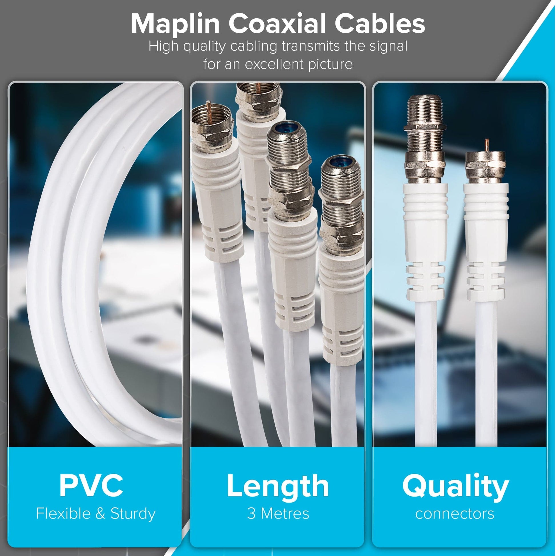 Maplin Twin F Type Male to Twin F Type Female Satellite Aerial Extension Cable - White, 3m - maplin.co.uk