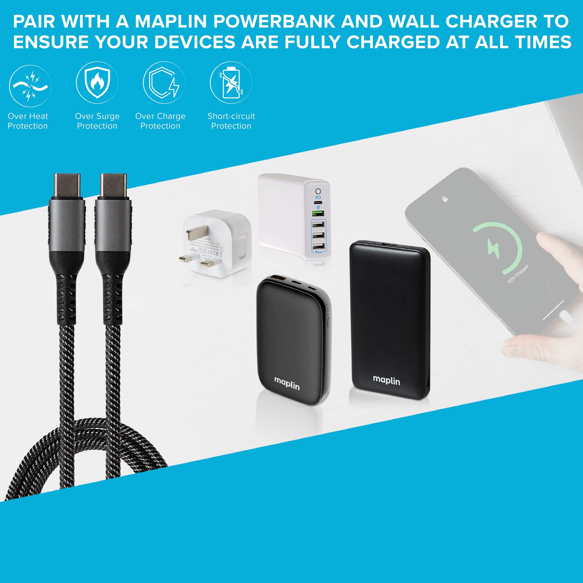 Maplin 60W USB-C to USB-C Data Transfer & Charging Braided Cable - Black & Silver, 1m - maplin.co.uk