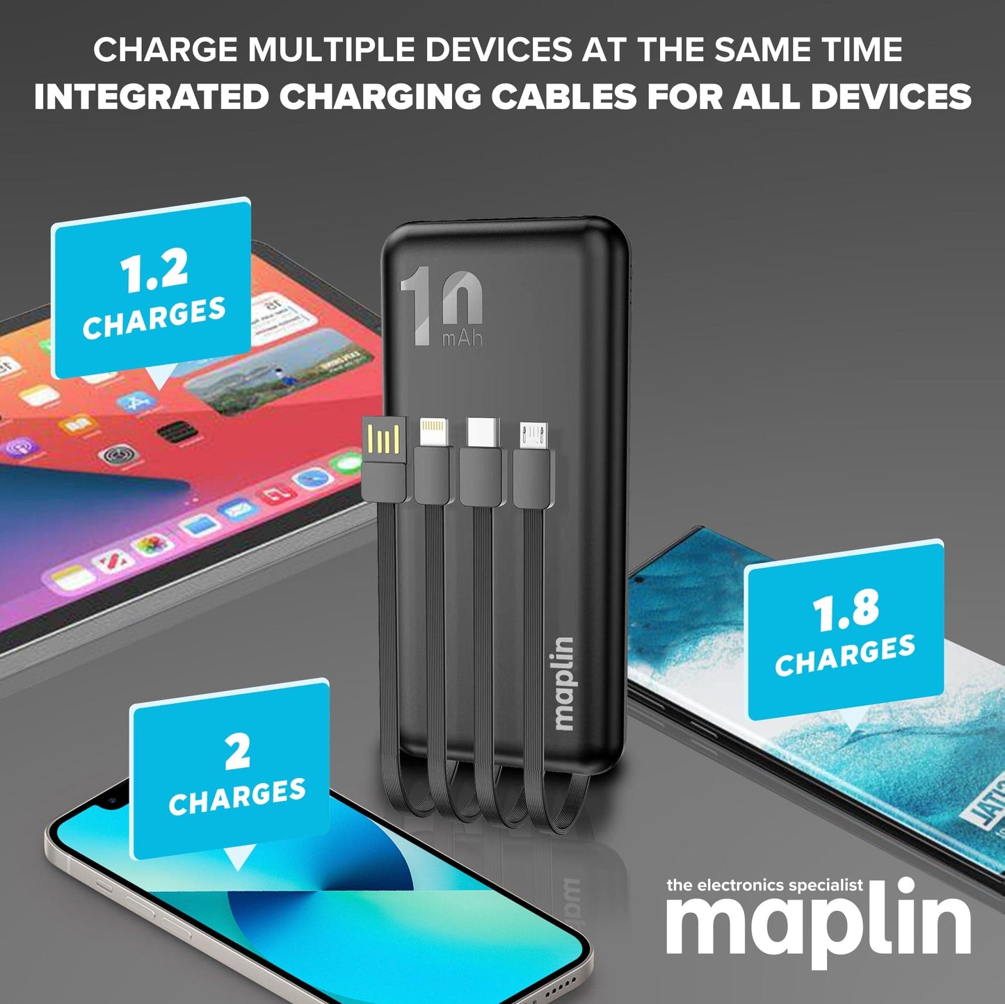 Maplin 10000mAh Slim Power Bank with Integrated Lightning, USB-C & Micro USB Cables - maplin.co.uk