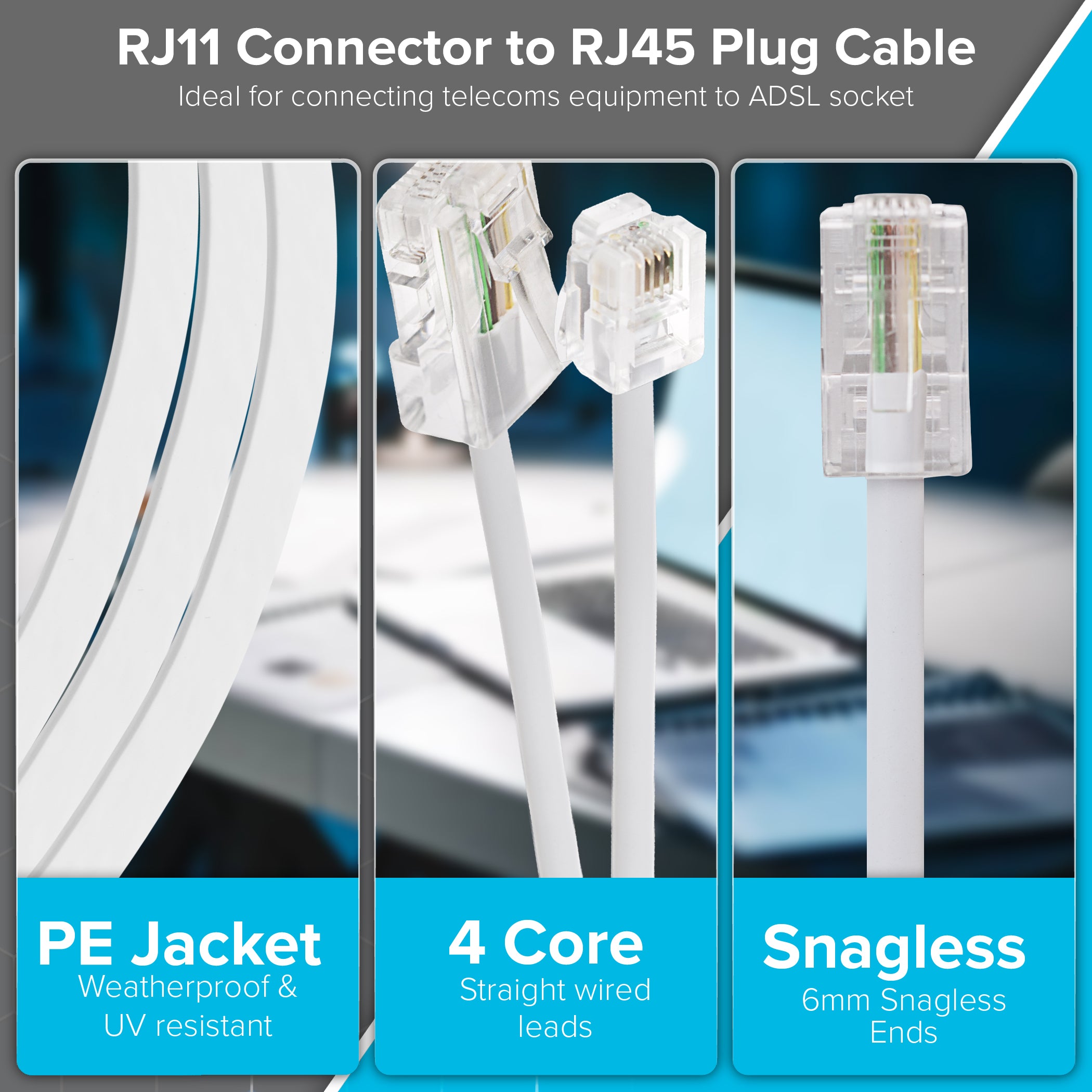 6ft RJ11 To RJ45 Cable - Connect Your Phone Line To An Ethernet Port, Black