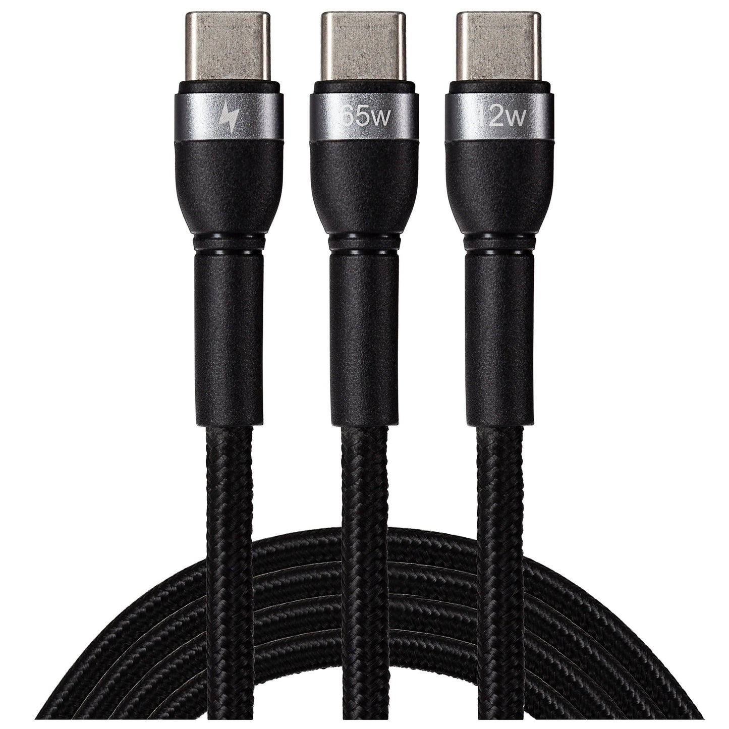 Maplin PRO 2-in-1 USB-C to USB-C 65W / USB-C 12W Braided Charging Cable - Black - maplin.co.uk