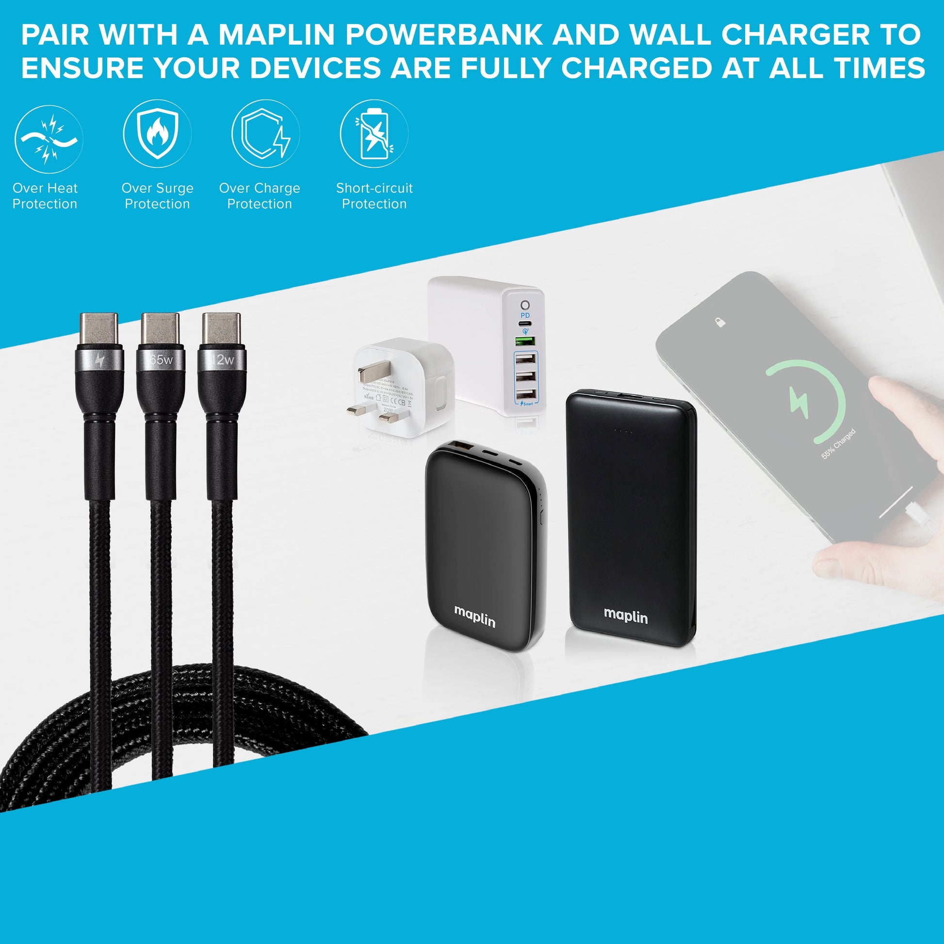 Maplin PRO USB-C to Dual USB-C 65W Braided Cable - Black - maplin.co.uk
