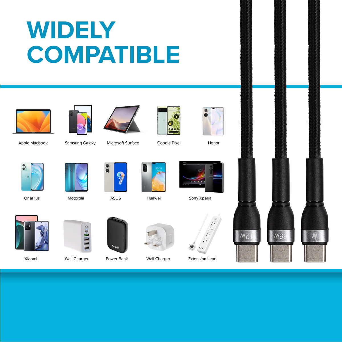 Maplin USB-C to 2-in-1 Multi-Charging USB-C 65W & USB-C 12W Braided Cable - Black