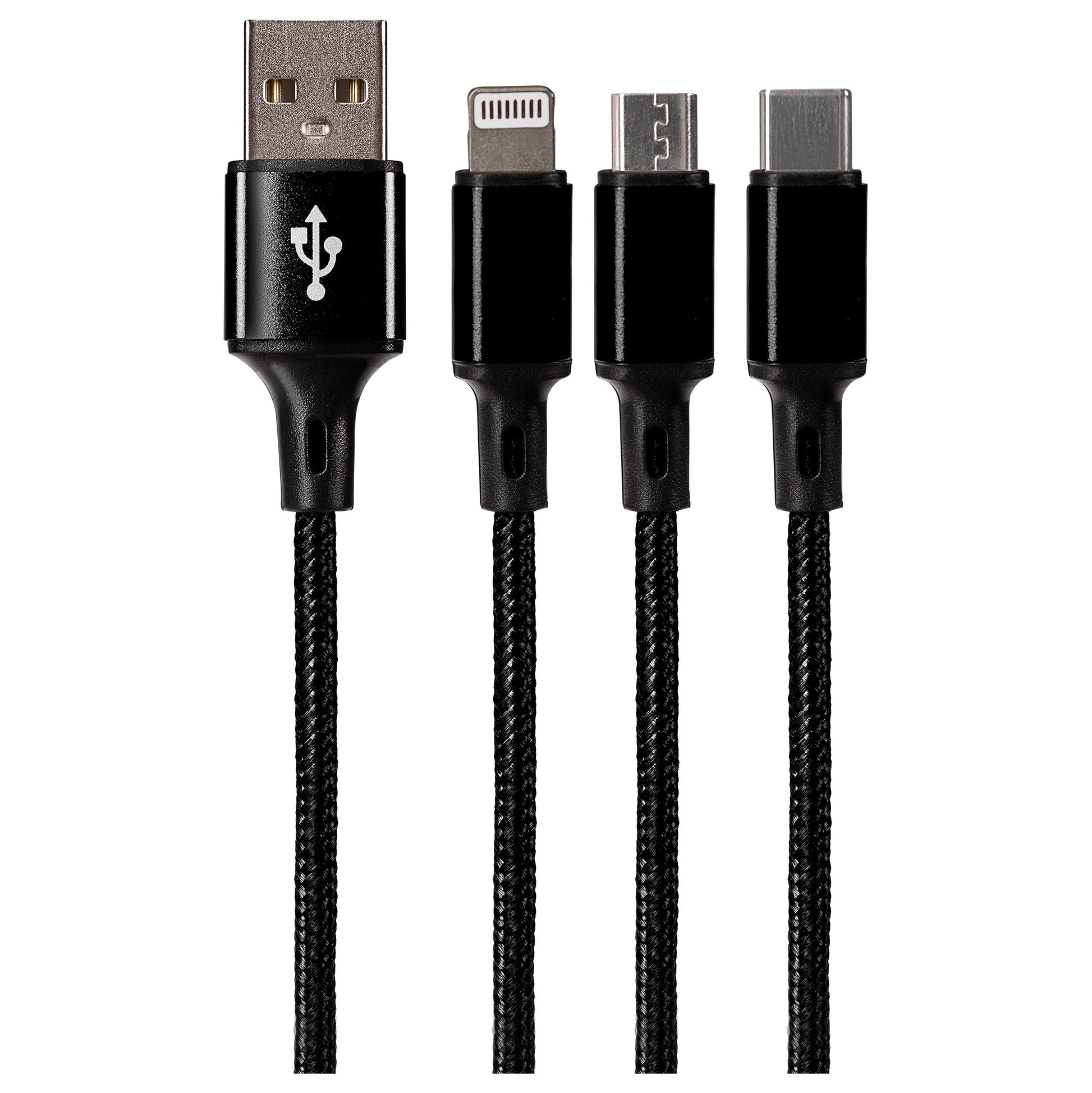 Maplin 3-in-1 USB-A to USB-C / Lightning / Micro USB Braided Charging Cable  - 1.2m