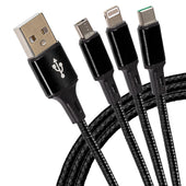 Maplin USB-A to 3-in-1 Multi-Charging USB-C / Lightning / Micro USB Braided Cable - 1.2m, Black (Pack of 2)