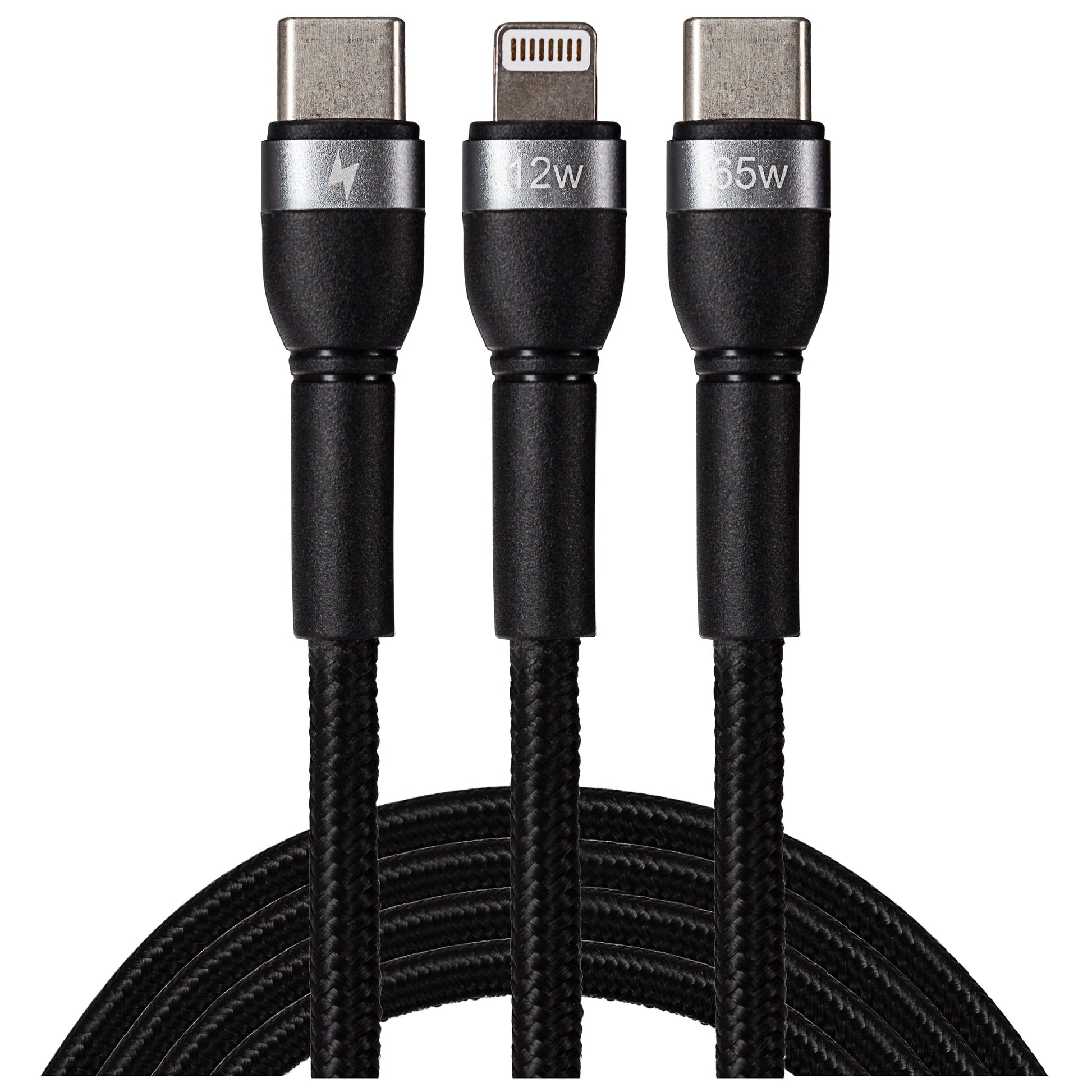 Maplin PRO USB-C to Dual USB-C / Lightning 65W Data Transfer & Charging Braided Cable - Black, 1.2m - maplin.co.uk