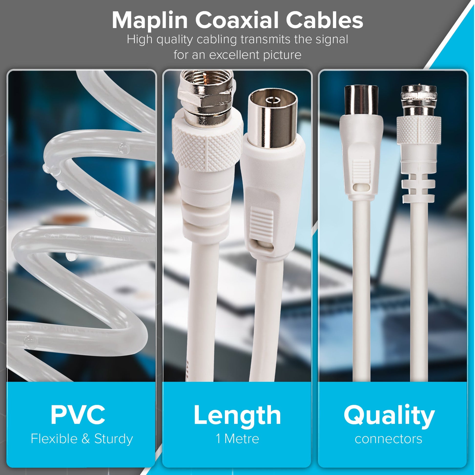 Maplin F Type Male to RF Female Connector TV Satellite Aerial Coaxial Cable - White, 1m - maplin.co.uk