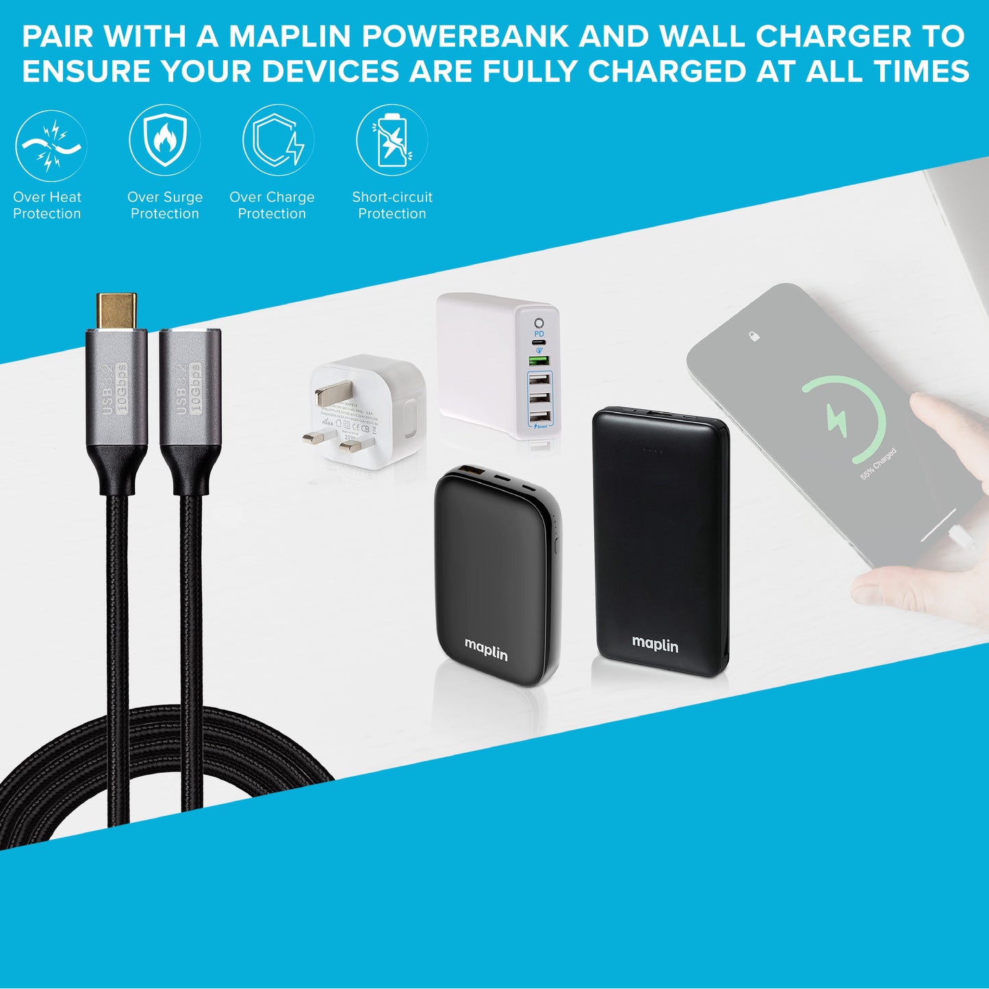 Maplin USB-C Male to USB-C Female 100W Extension Braided Cable - Black