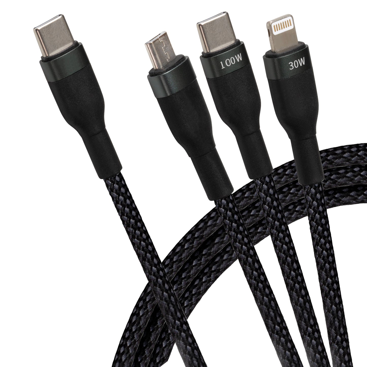 Maplin USB-C to 3-in-1 Multi-Charging USB-C / Lightning / Micro USB 100W Braided Cable - 1.2m