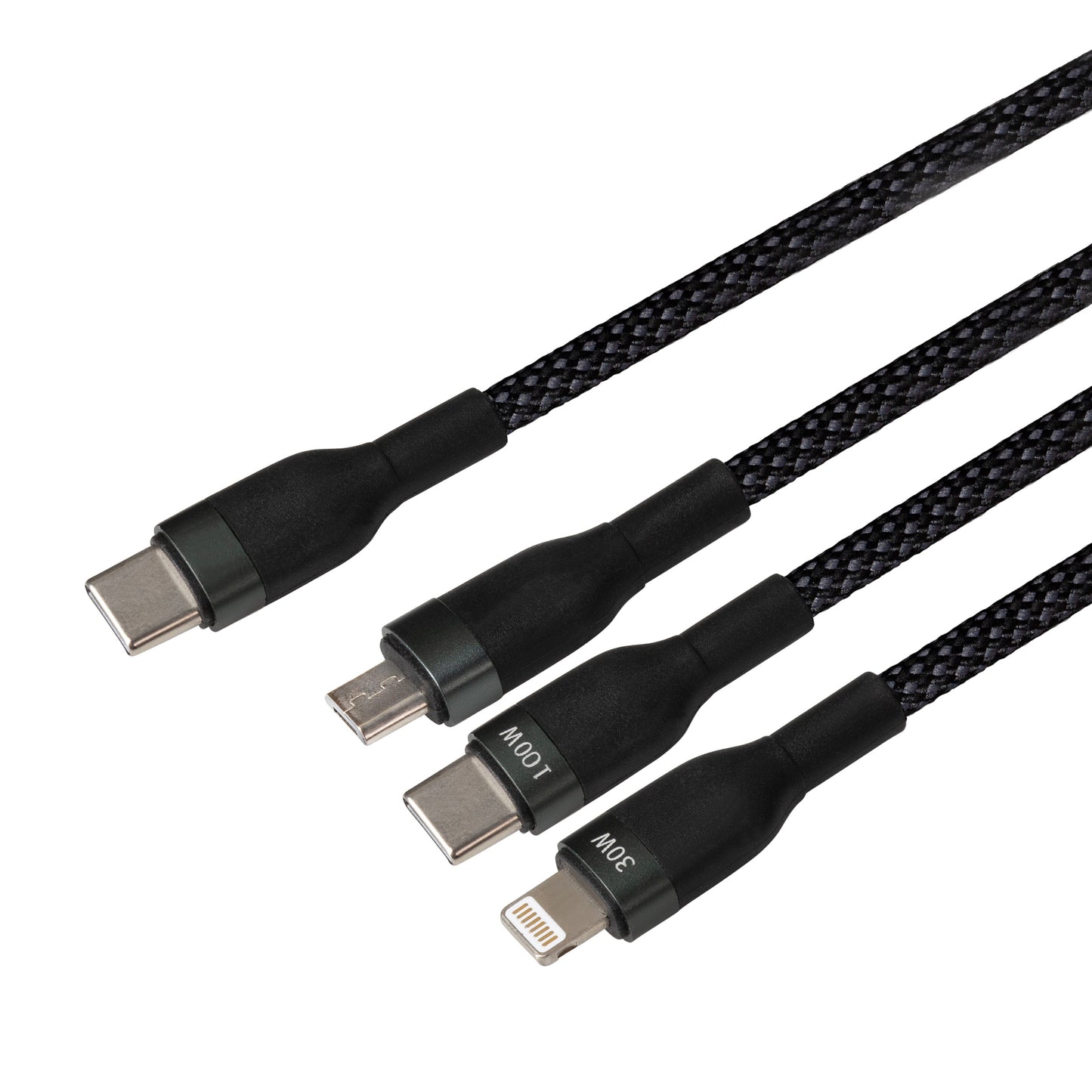 Maplin USB-C to 3-in-1 Multi-Charging USB-C / Lightning / Micro USB 100W Braided Cable - 1.2m
