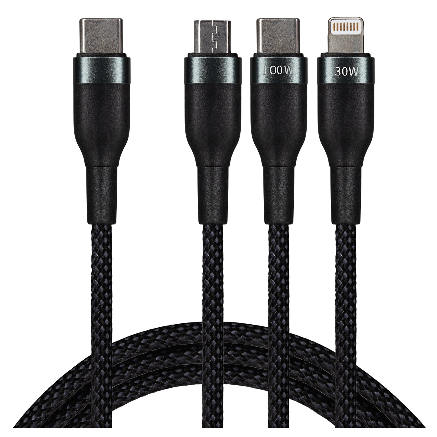 Maplin USB-C to 3-in-1 Multi-Charging USB-C / Lightning / Micro USB 100W Braided Cable - 1.2m