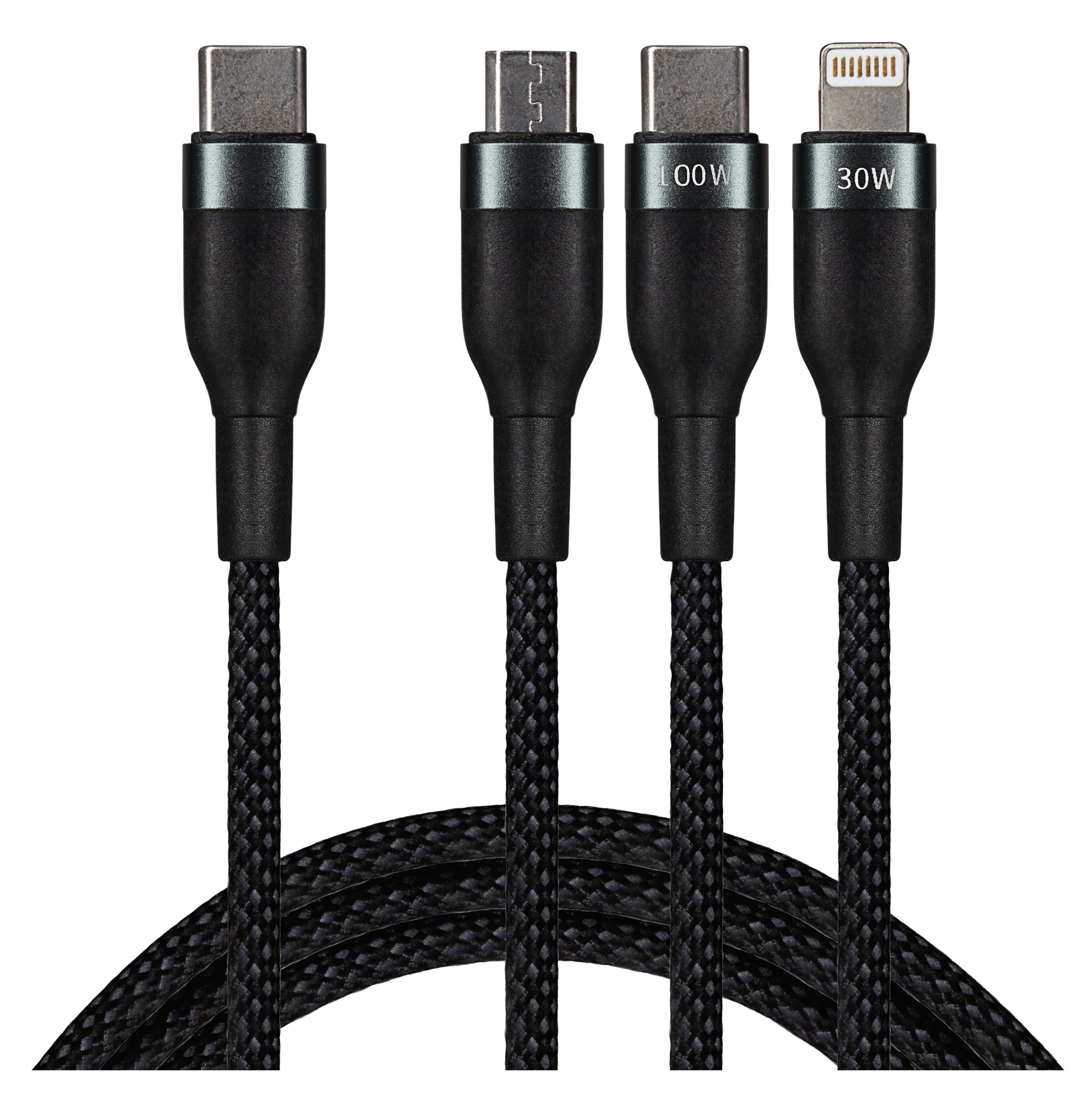 Maplin USB-C to 3-in-1 Multi-Charging USB-C / Lightning / Micro USB 100W Braided Cable - 1.2m
