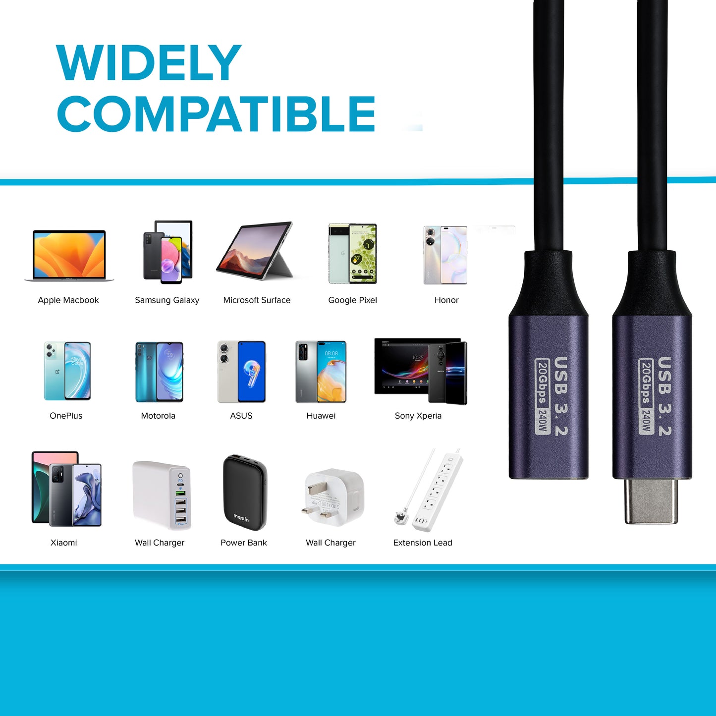 Maplin USB-C Male to USB-C Female Extension Cable - Black, 0.2m