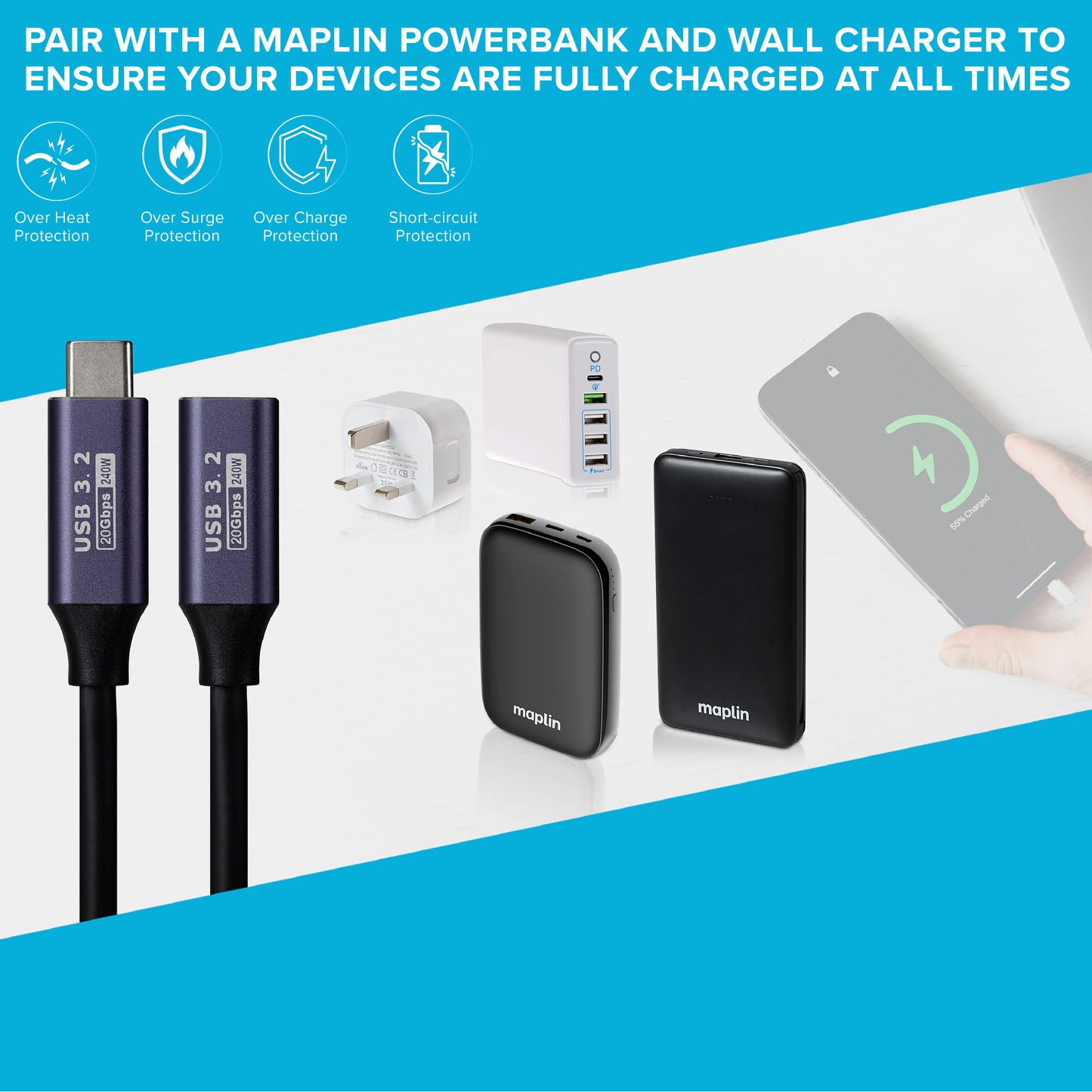 Maplin USB-C Male to USB-C Female Extension Cable - Black, 0.2m