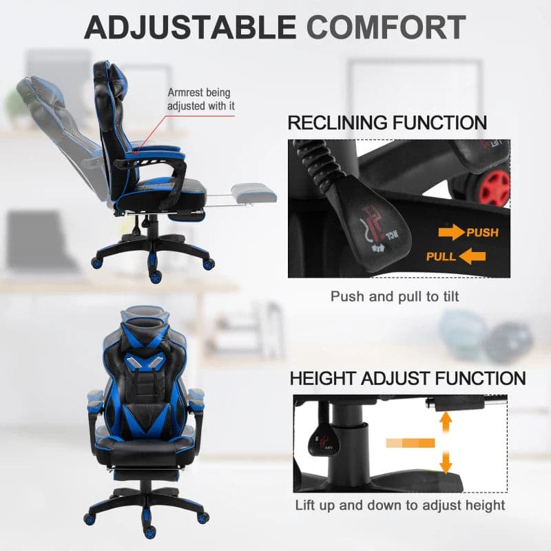 Maplin Plus Ergonomic Racing Adjustable Reclining Gaming Office Chair with Headrest, Lumbar Support & Retractable Footrest