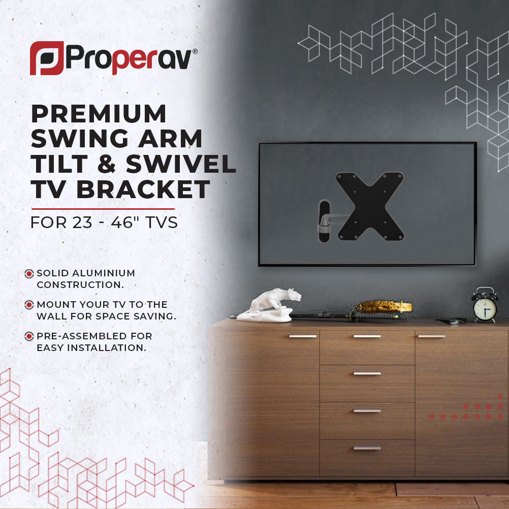 ProperAV Swing Arm 15° Tilt 23" - 43" TV Wall Bracket (15kg Capacity / VESA Max. 200x200) - Grey