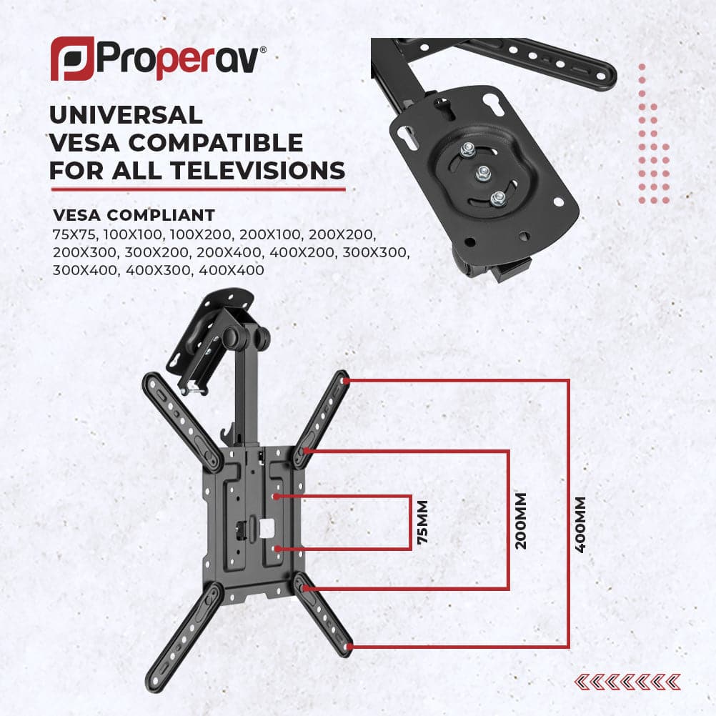 ProperAV Retractable Fold-Up 23" - 55" Ceiling Mounted TV Bracket (20kg Capacity / VESA Max. 400x400) - Black