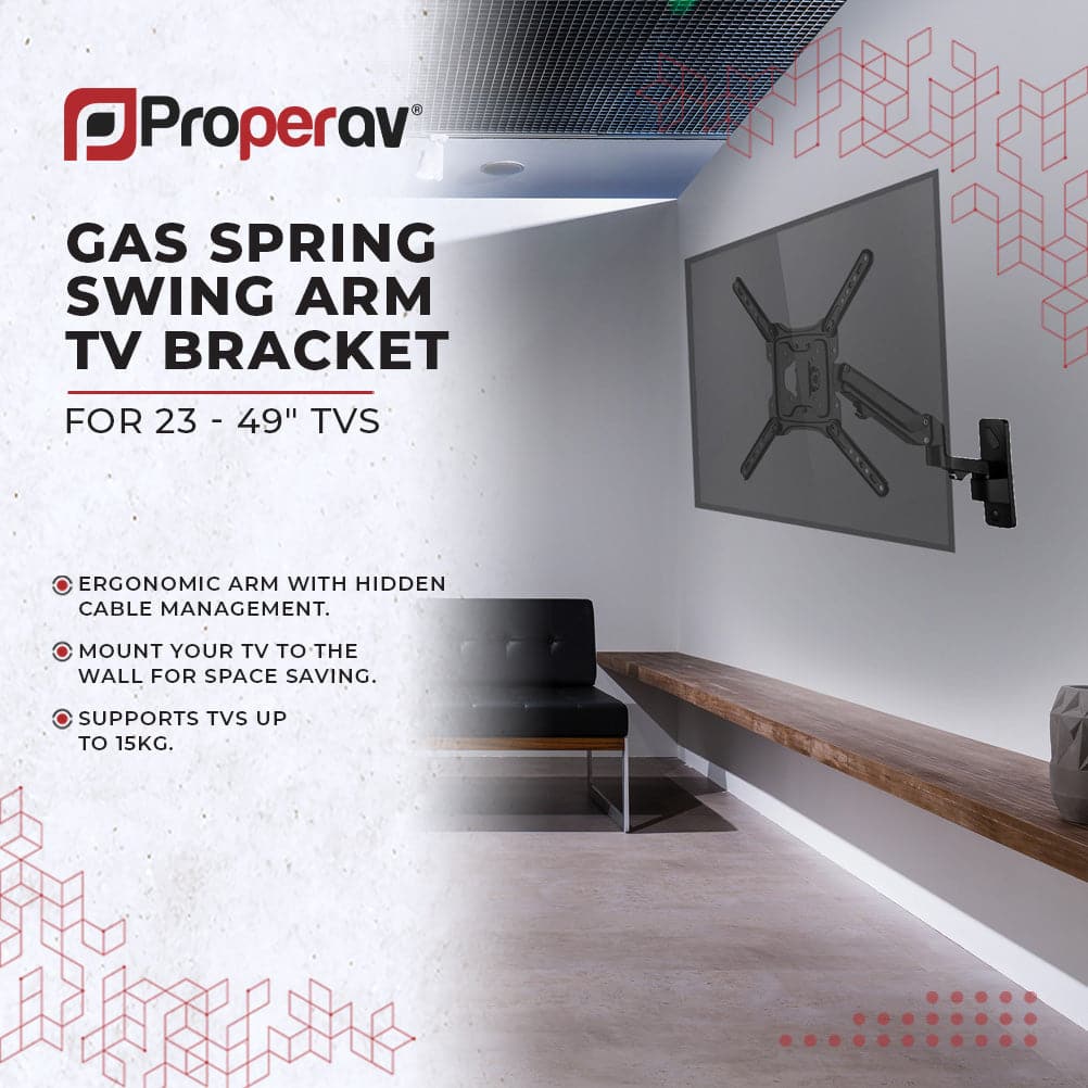 ProperAV Gas Spring Swing Arm 23" - 49" TV Wall Bracket (15kg Capacity / VESA Max. 400x400) - Black