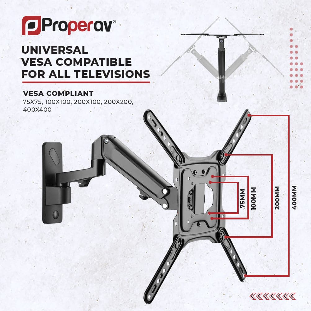 ProperAV Gas Spring Swing Arm 23" - 49" TV Wall Bracket (15kg Capacity / VESA Max. 400x400) - Black