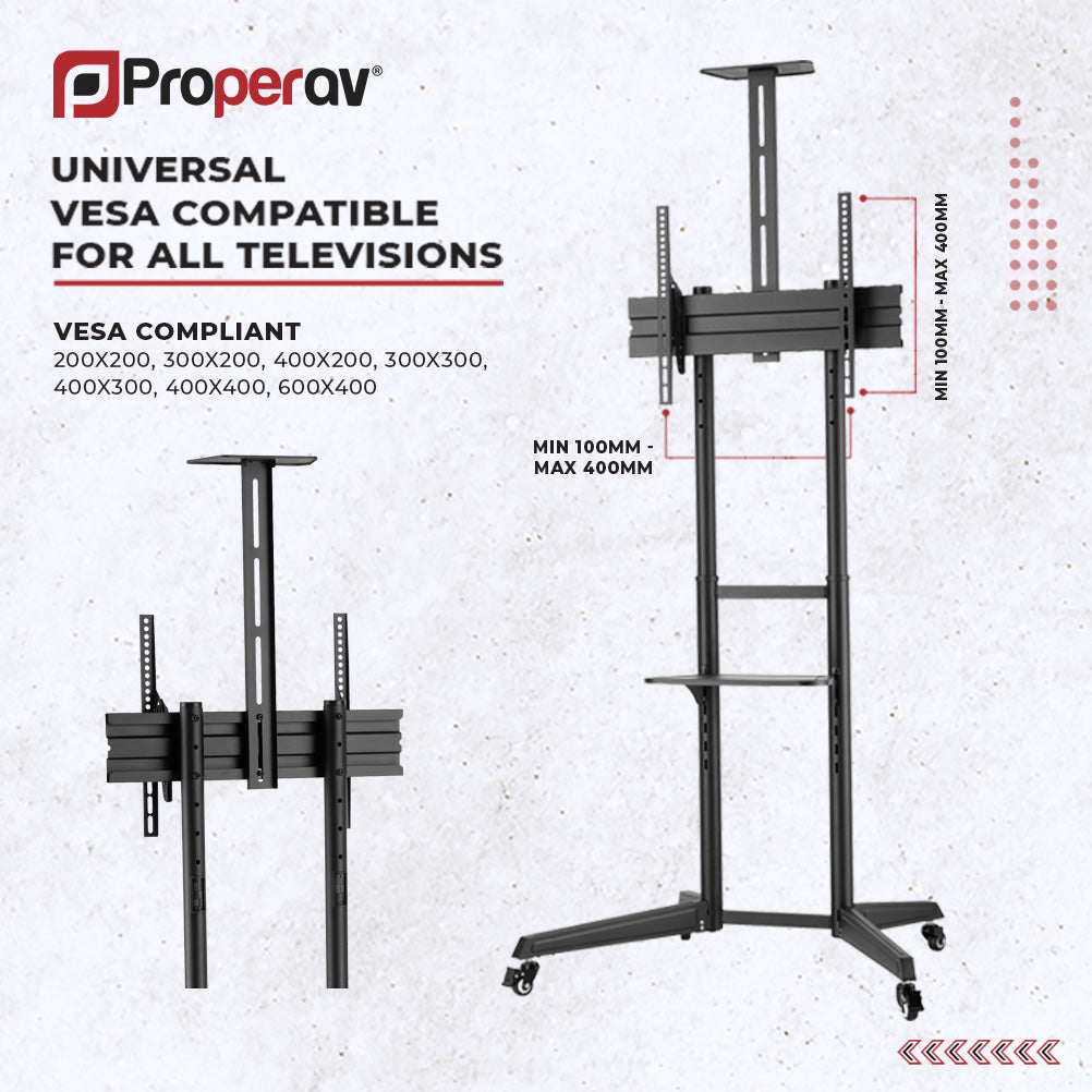 ProperAV Mobile TV Trolley Stand on Wheels for 37" - 70" Screens (50kg Capacity / VESA Max. 400x600)