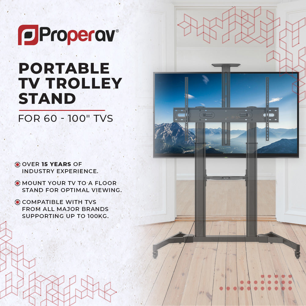 ProperAV Mobile TV Trolley Stand on Wheels for 60" - 100" Screens (100kg Capacity / VESA Max. 600x1000)